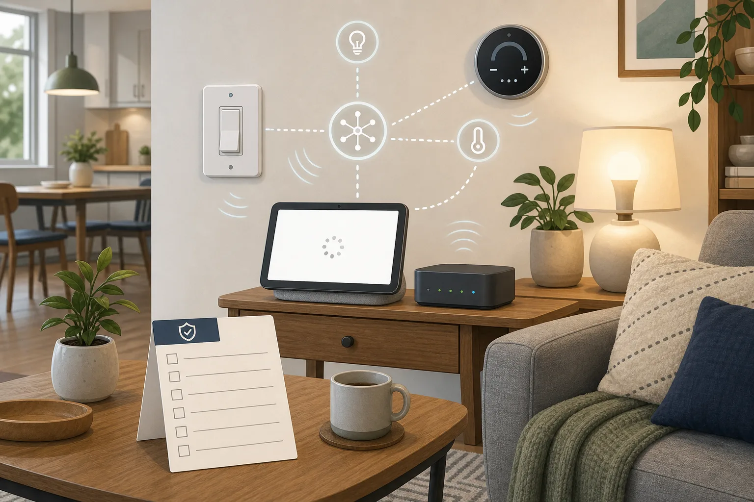 Apartment smart home fallback setup with blank smart display, wall switch, local hub and checklist