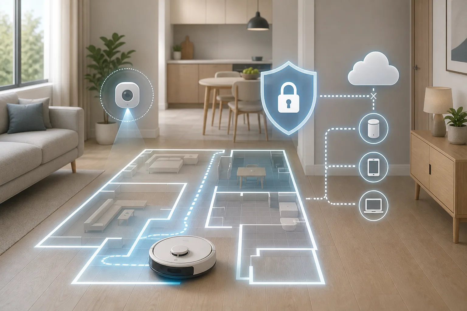 A robot vacuum drawing a glowing home map with local and cloud privacy icons