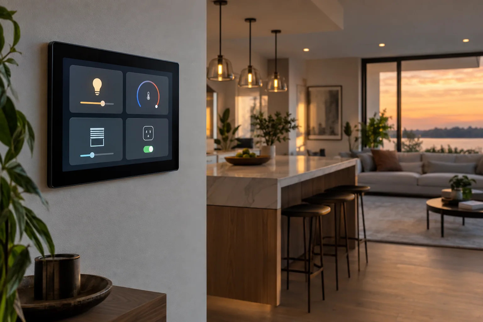 Una pantalla táctil empotrada genérica para el hogar inteligente, con controles de luces, termostato, persianas y enchufes.
