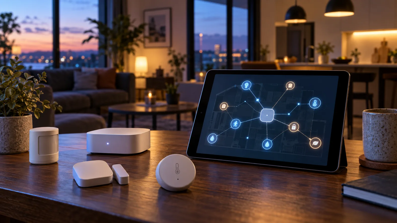 Ein generisches Smart Home mit Thread-Sensoren, einem lokalen Hub und einer abstrakten Topologiekarte auf einem Tablet.