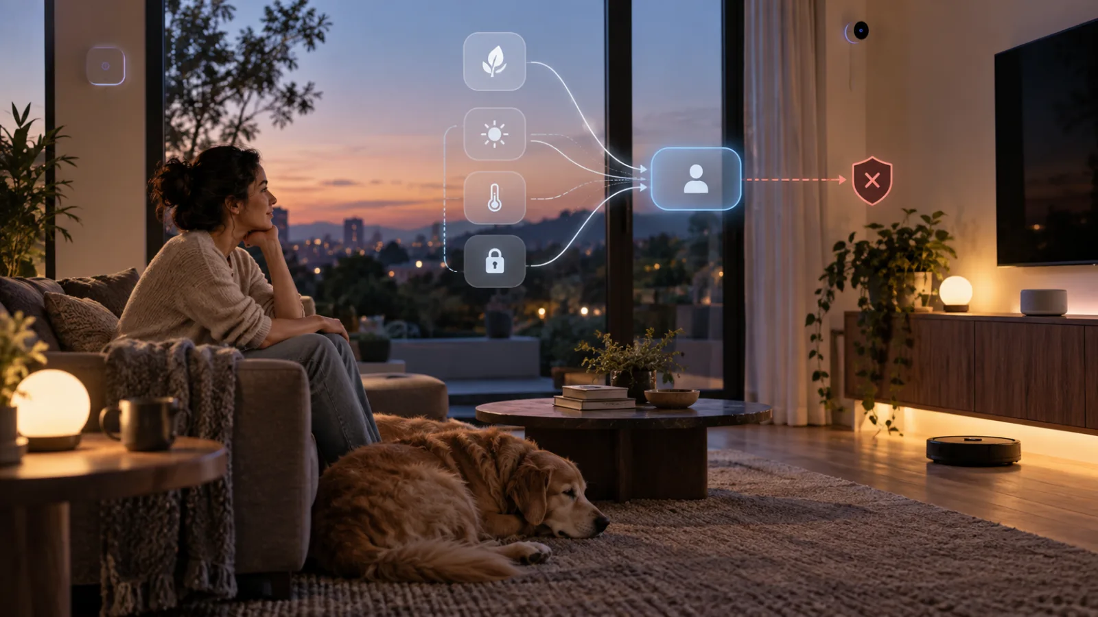 Calm smart-home interior with sensors and a subtle bounded AI decision-flow visualization.