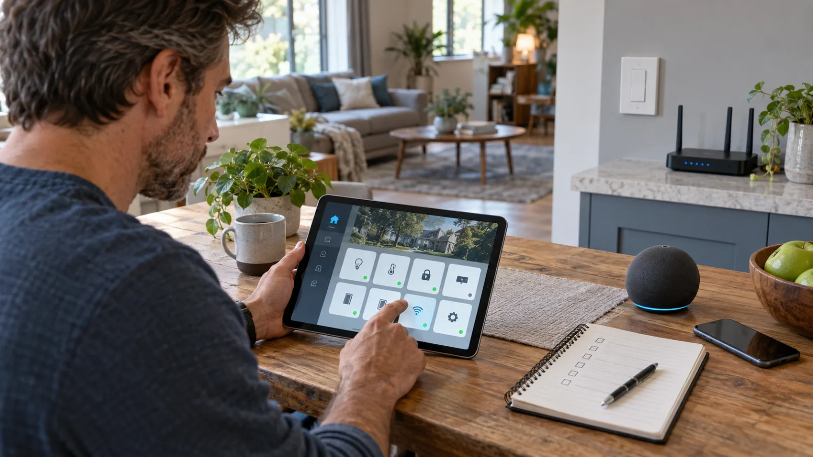 Una persona revisa en una tableta el estado de los dispositivos del hogar inteligente junto a un altavoz, un interruptor, un router y una lista de mantenimiento.