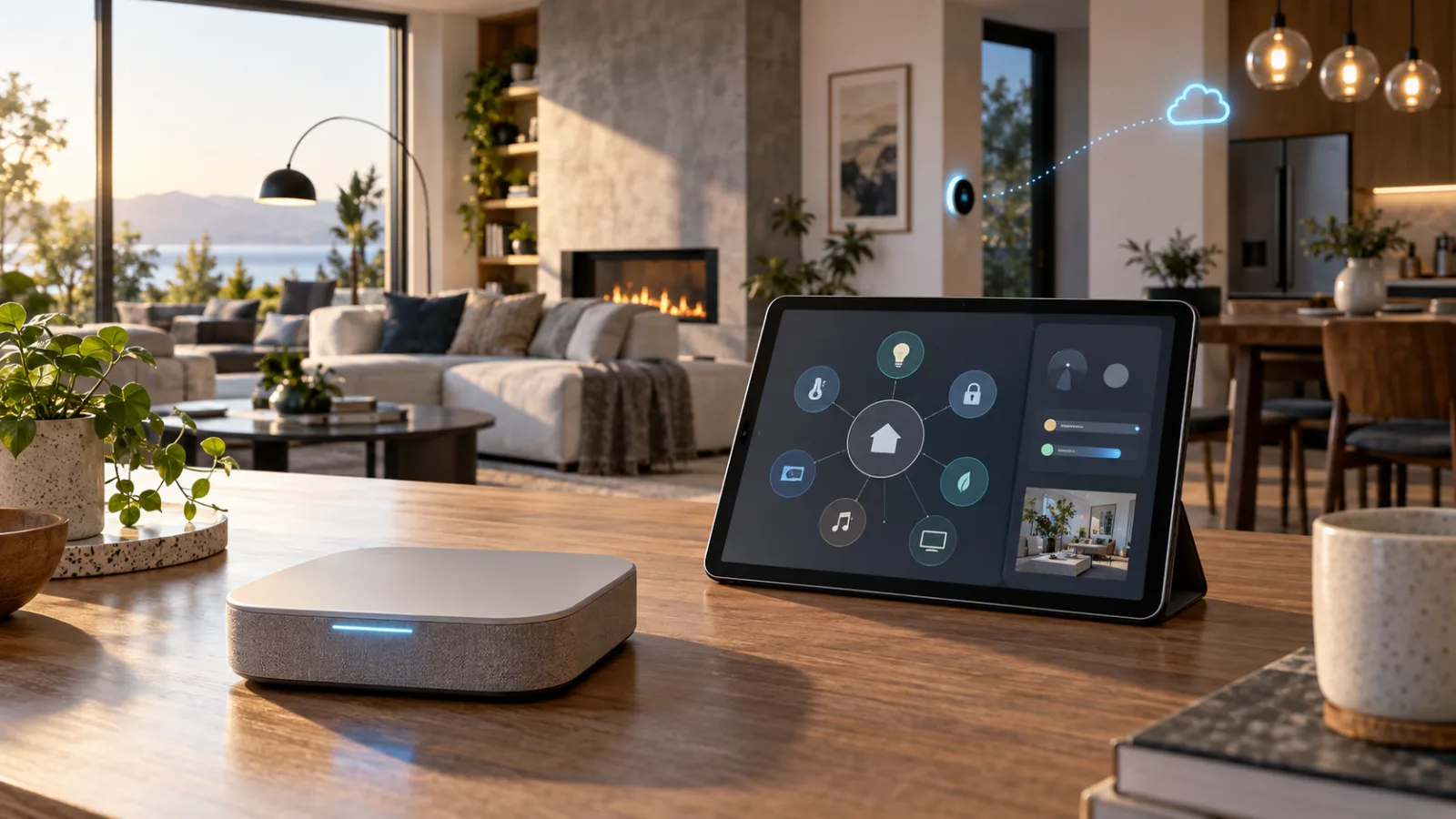 Современный умный дом с локальным контроллером Home Assistant и планшетом, подключёнными к дополнительным онлайн-сервисам.