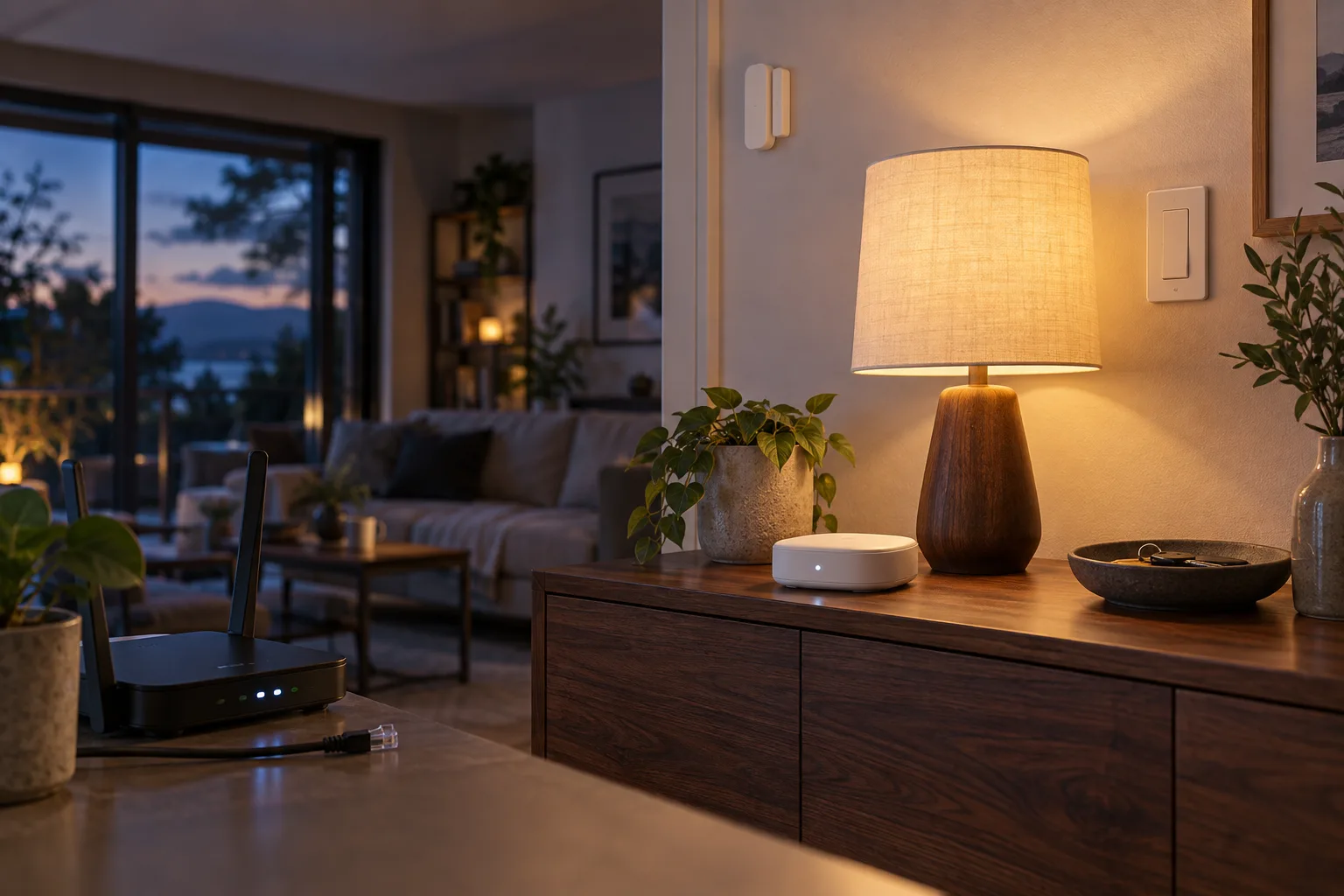 Centrum inteligentnego domu, router i włączona lampa we wnętrzu podczas awarii internetu