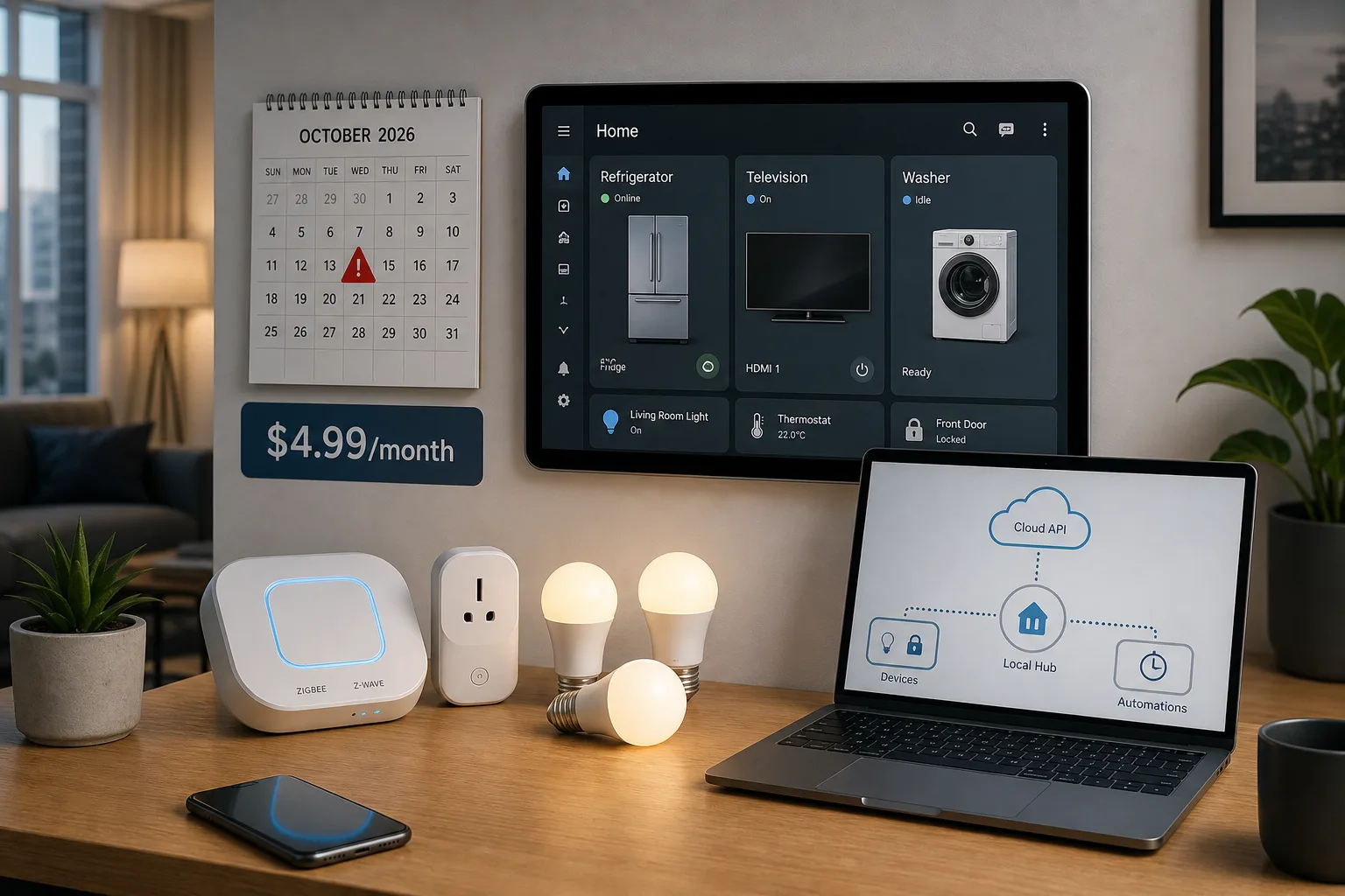 Smart home dashboard with connected appliances, cloud API warning, October 2026 calendar and subscription price