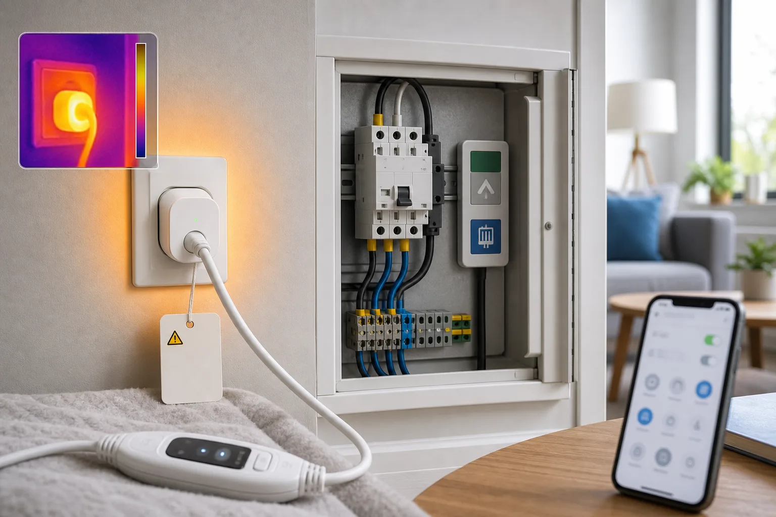 Wi-Fi smart plug near a home heating appliance