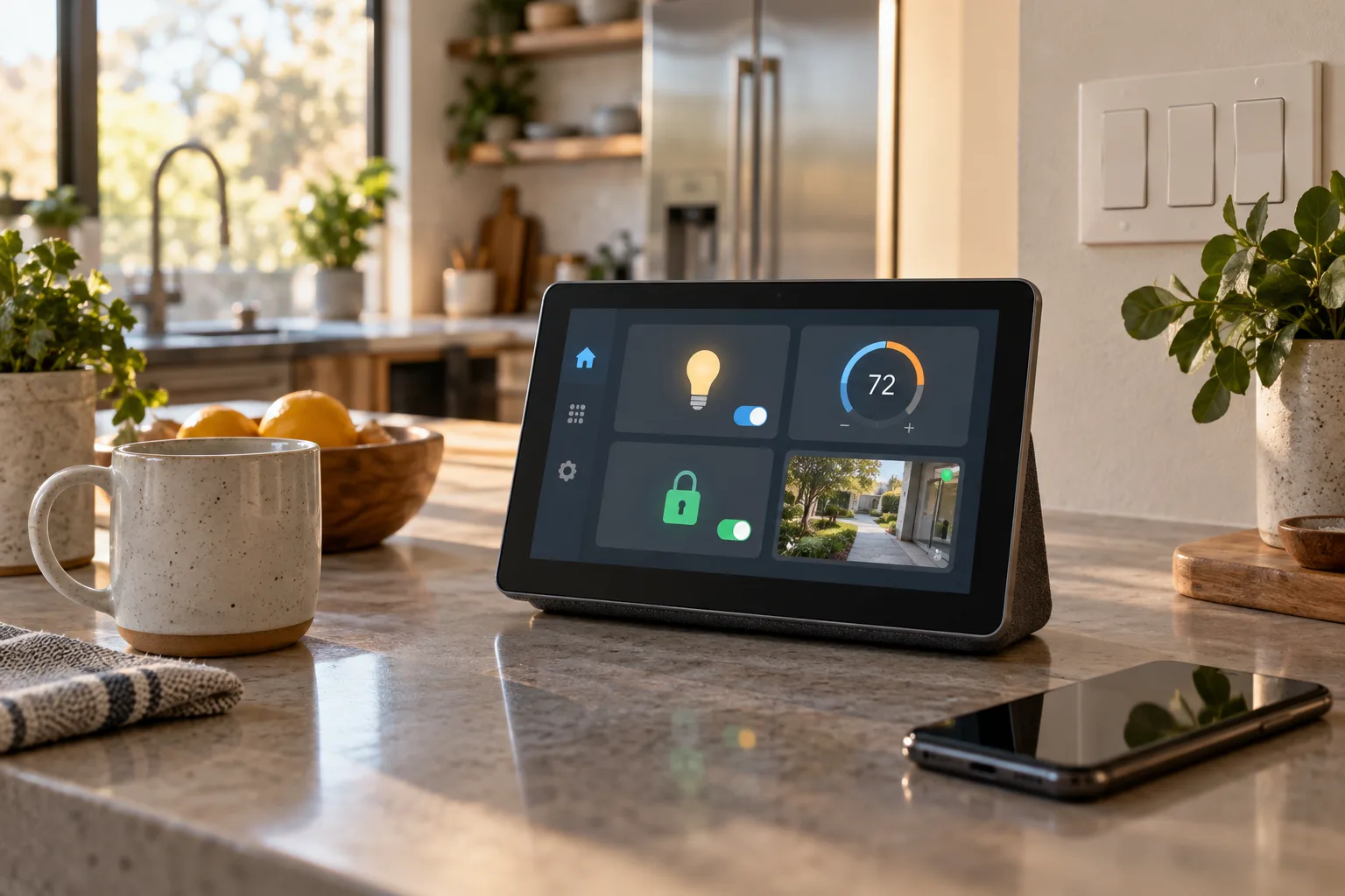 A smart-home hub display on a kitchen counter showing generic controls for lights, a thermostat, a door lock and camera status.