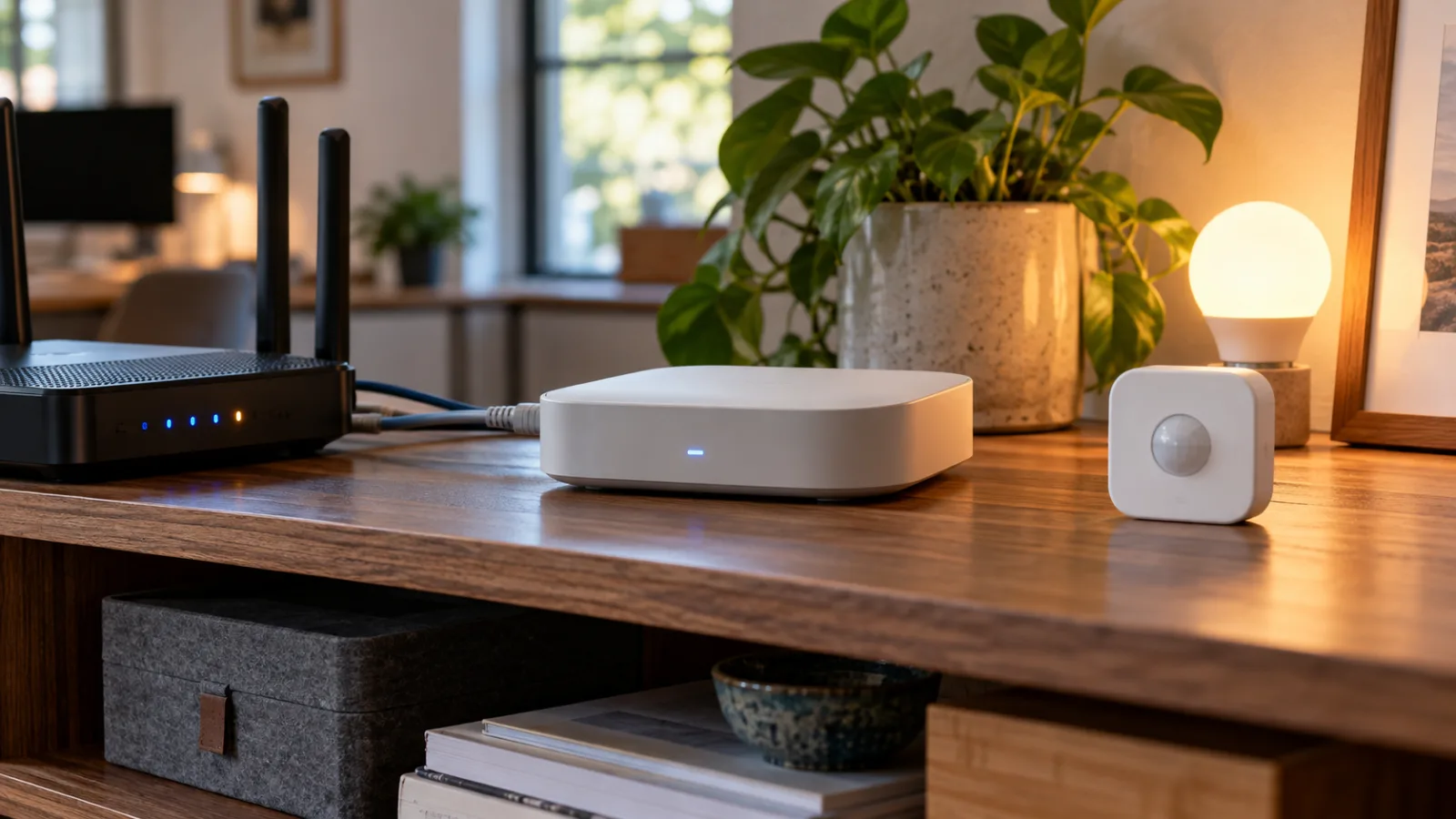 Editorial photo of a smart-home hub and Thread Border Router beside connected devices on a home network shelf.