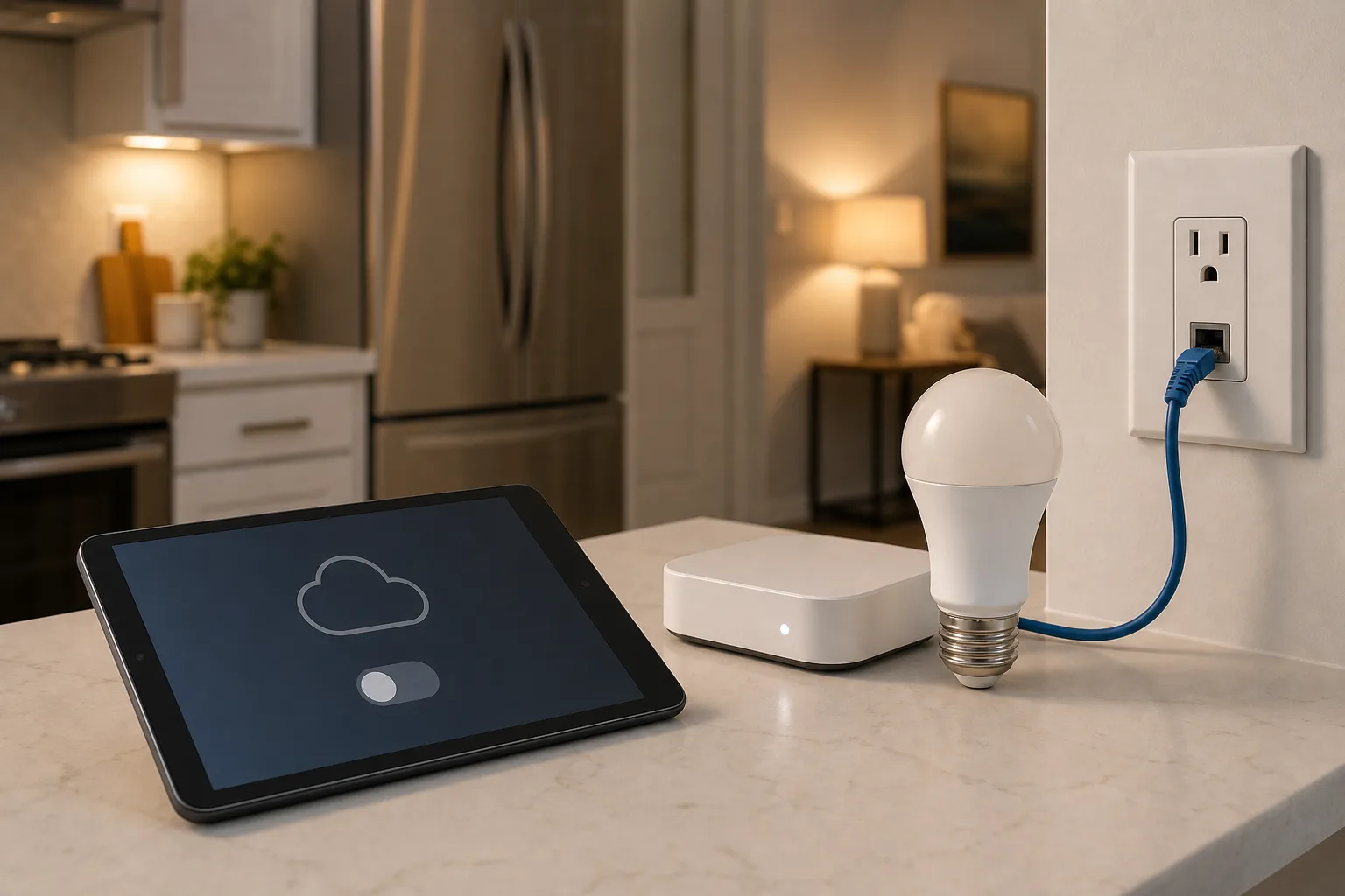 Smart-home devices beside a local hub and a cloud control screen switched off