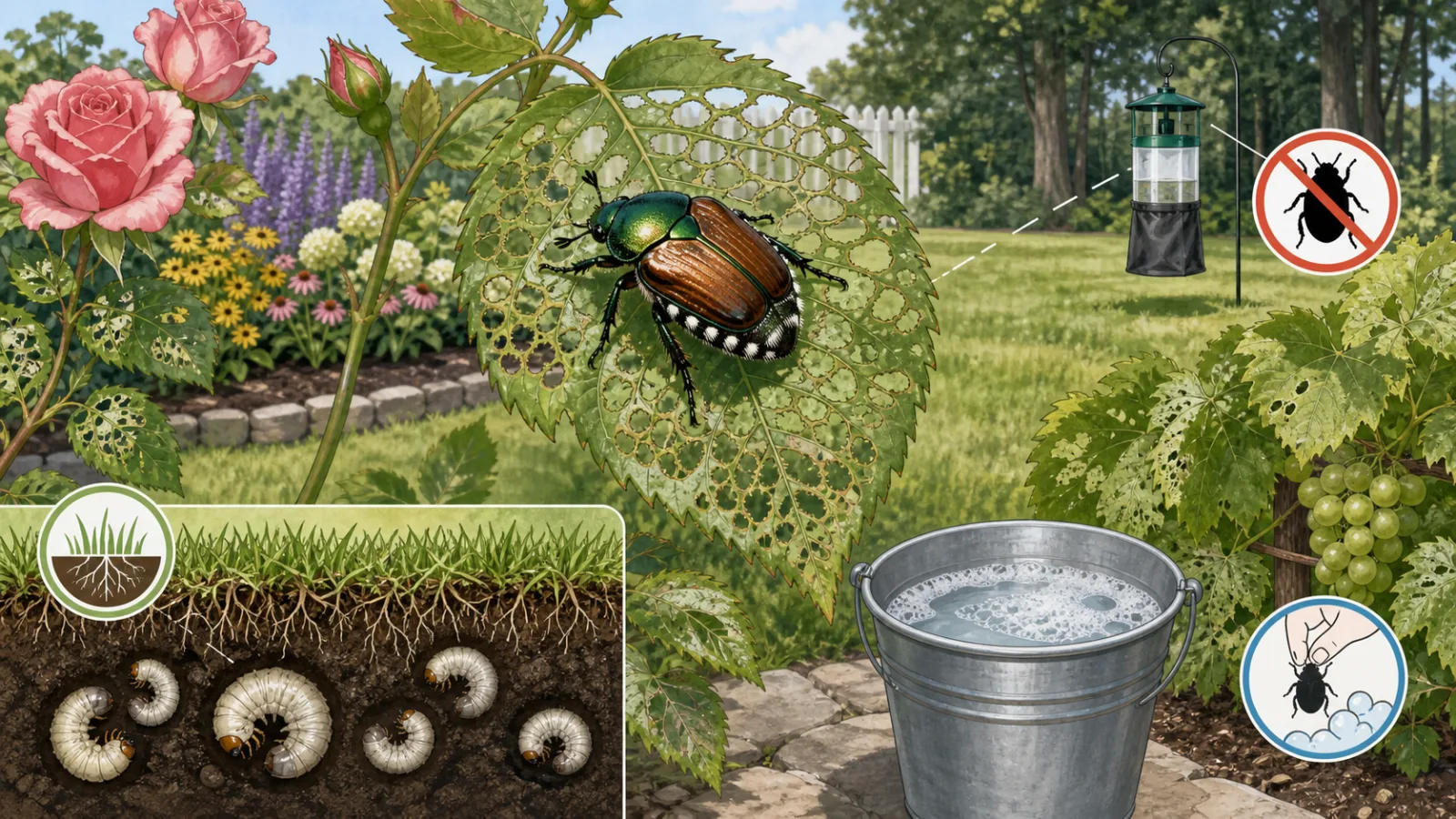 Japanese beetle garden control illustration with damaged leaves, lawn grubs, soapy water bucket and trap warning