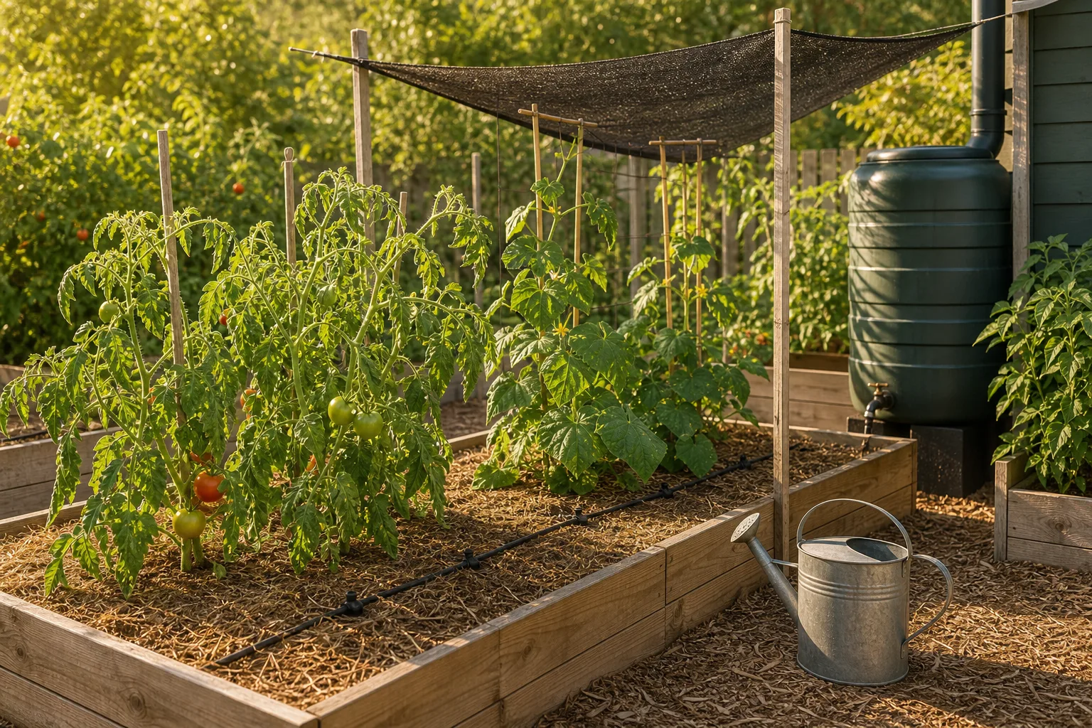 Vegetable garden with mulch, drip irrigation, shade cloth and rain barrel during heatwave