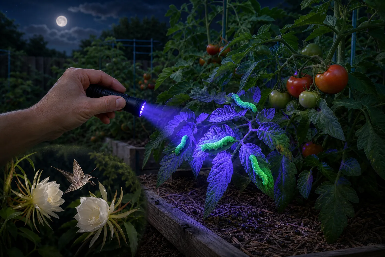 فحص نباتات الطماطم ليلاً بمصباح UV للعثور على hornworms