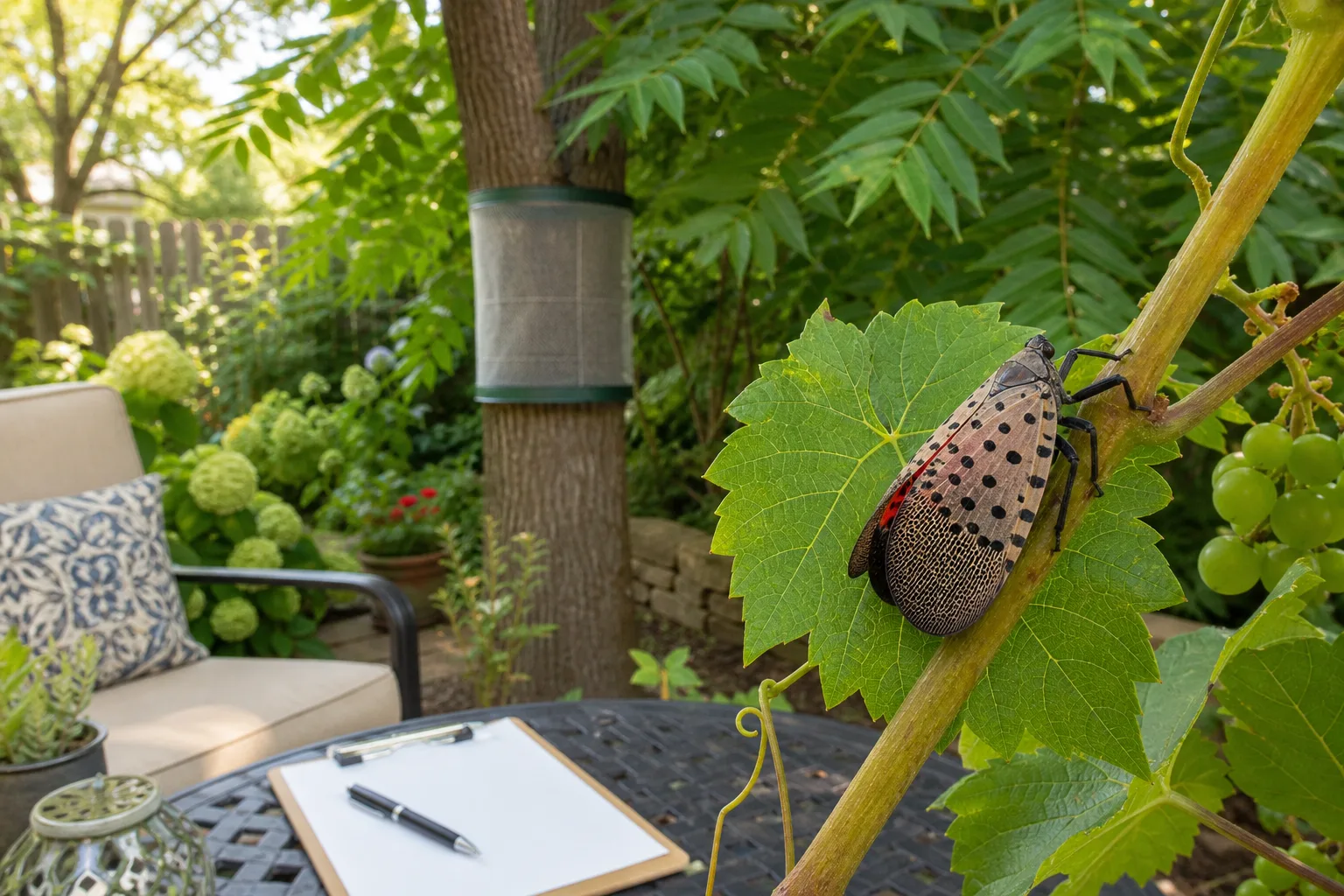 Spotted lanternfly on grapevine with a guarded tree trap and backyard inspection checklist