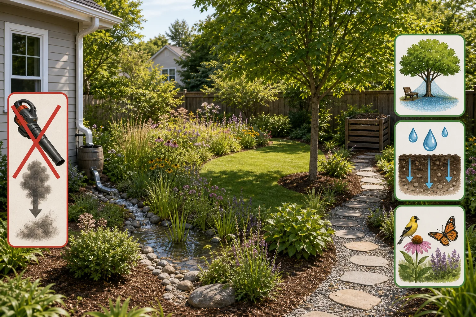 Jardin résilient avec native plants, rain garden, mulch et petite pelouse