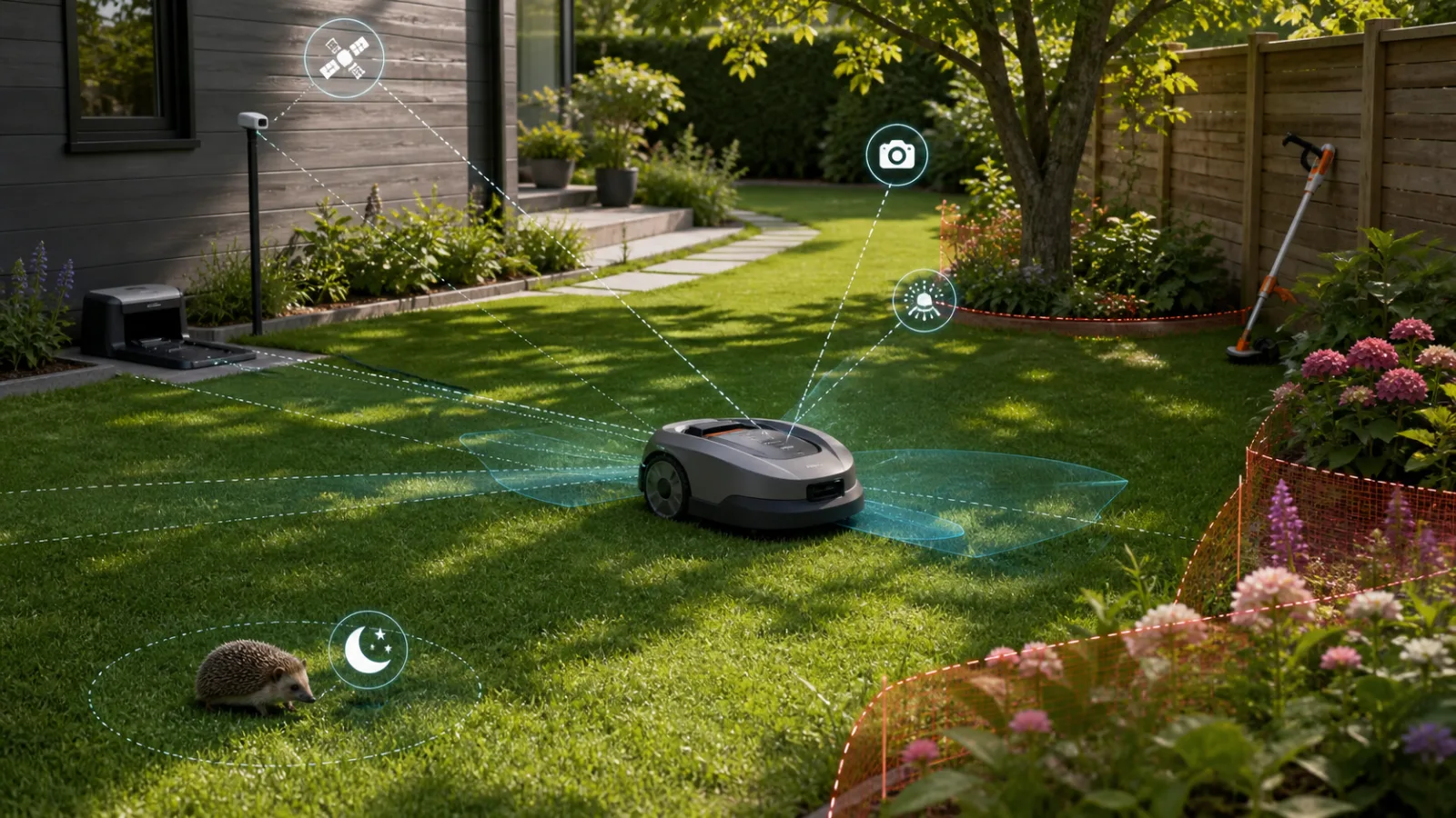 Robot cortacésped sin cable mapeando un jardín con RTK, árboles, parterres y seguridad para fauna nocturna