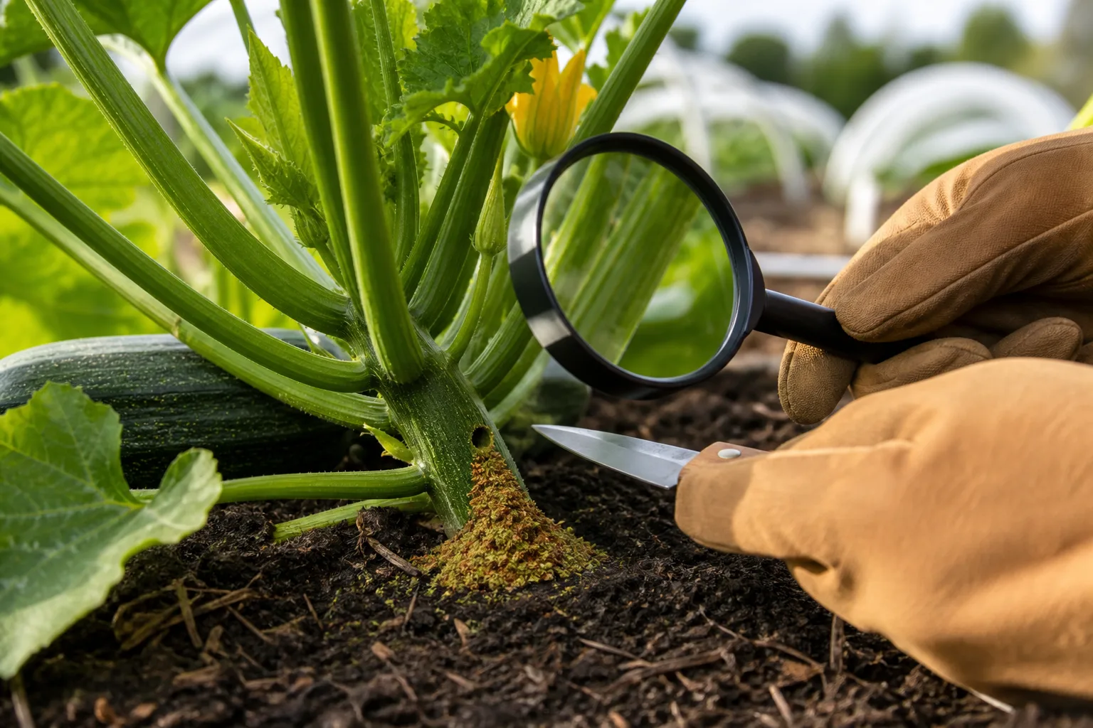 Squash stem with borer frass being inspected near a vegetable bed