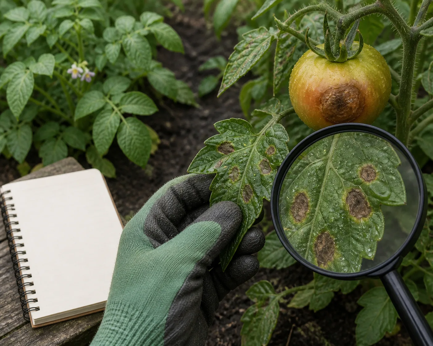 Gardener inspecting spotted tomato leaf and fruit in a damp vegetable bed