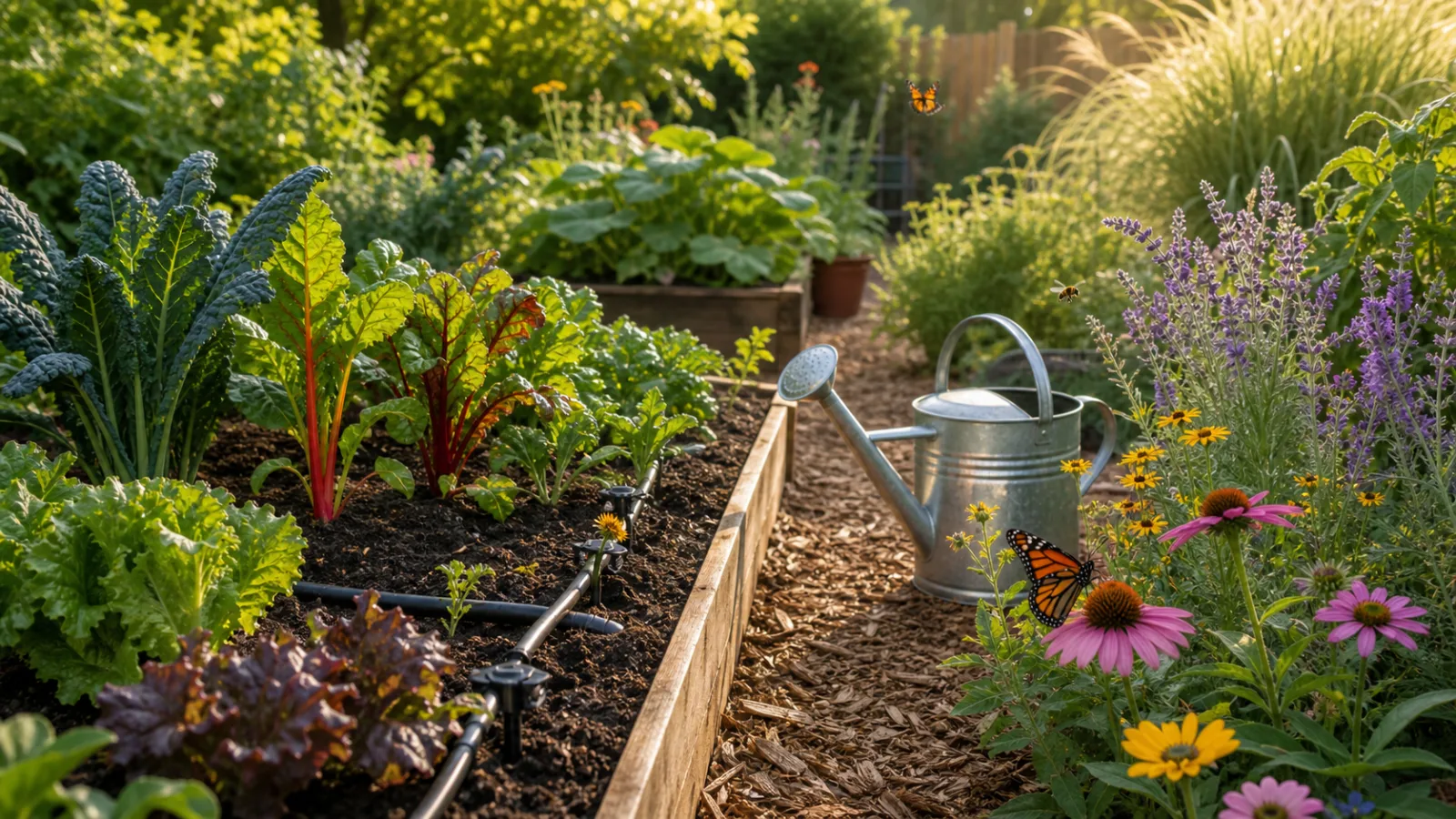 Summer garden beds with drip irrigation, mulch and pollinator flowers
