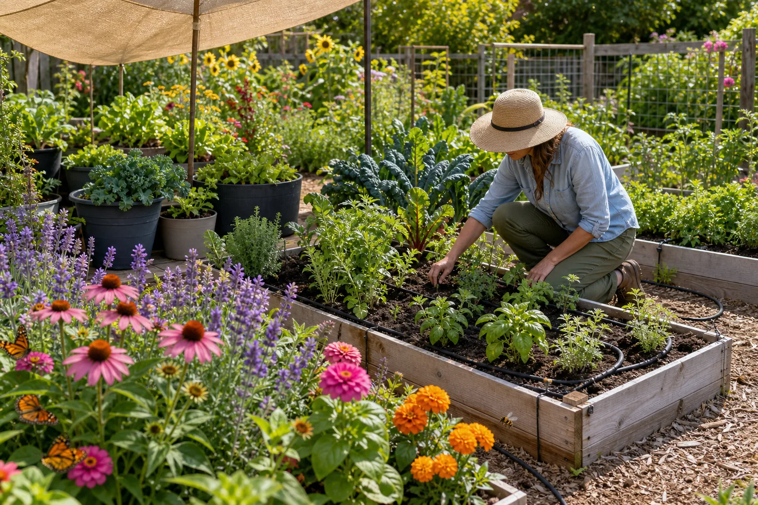 Late June garden beds with mulch, drip irrigation and pollinator flowers