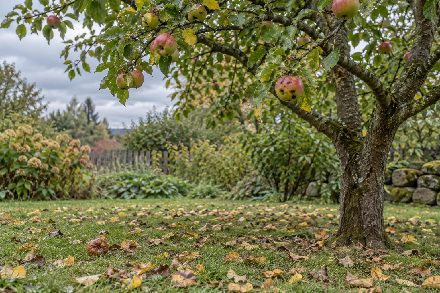 Apfelbaum im Garten zu Beginn des Herbstes mit einigen fleckigen Äpfeln und abgefallenen Blättern vor der Kontrolle auf Schorf und Fäulnis.