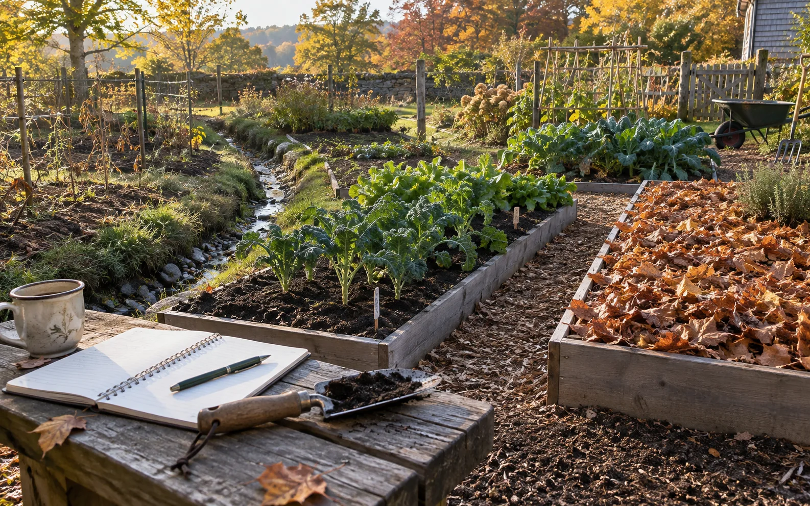 Herbstliche Gartenkontrolle mit gemulchten Beeten, kälteverträglichem Blattgemüse, Werkzeugen zur Bodenprobe und gut erkennbaren Drainagewegen.