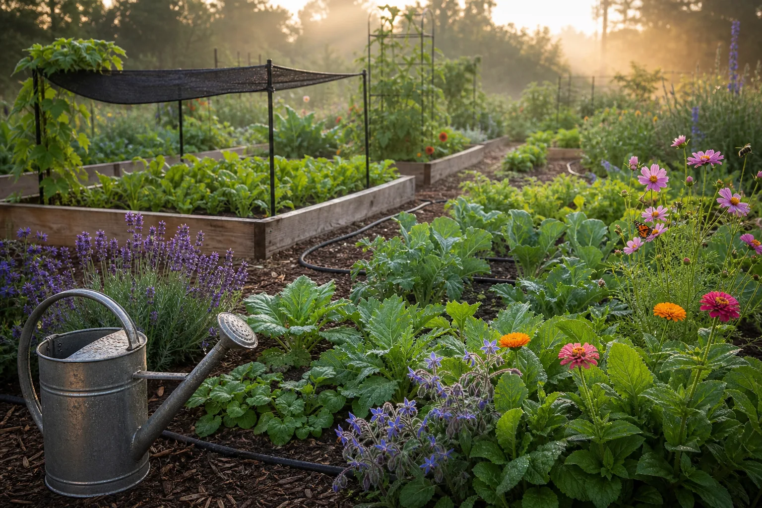 Late-June vegetable beds with mulch, drip watering and light shade