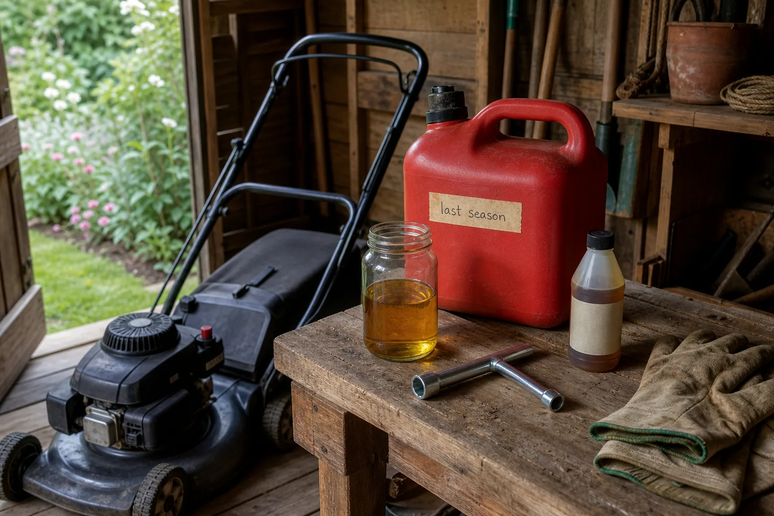 Old gasoline for a petrol lawn mower in a garden shed with fuel can, jar and tools
