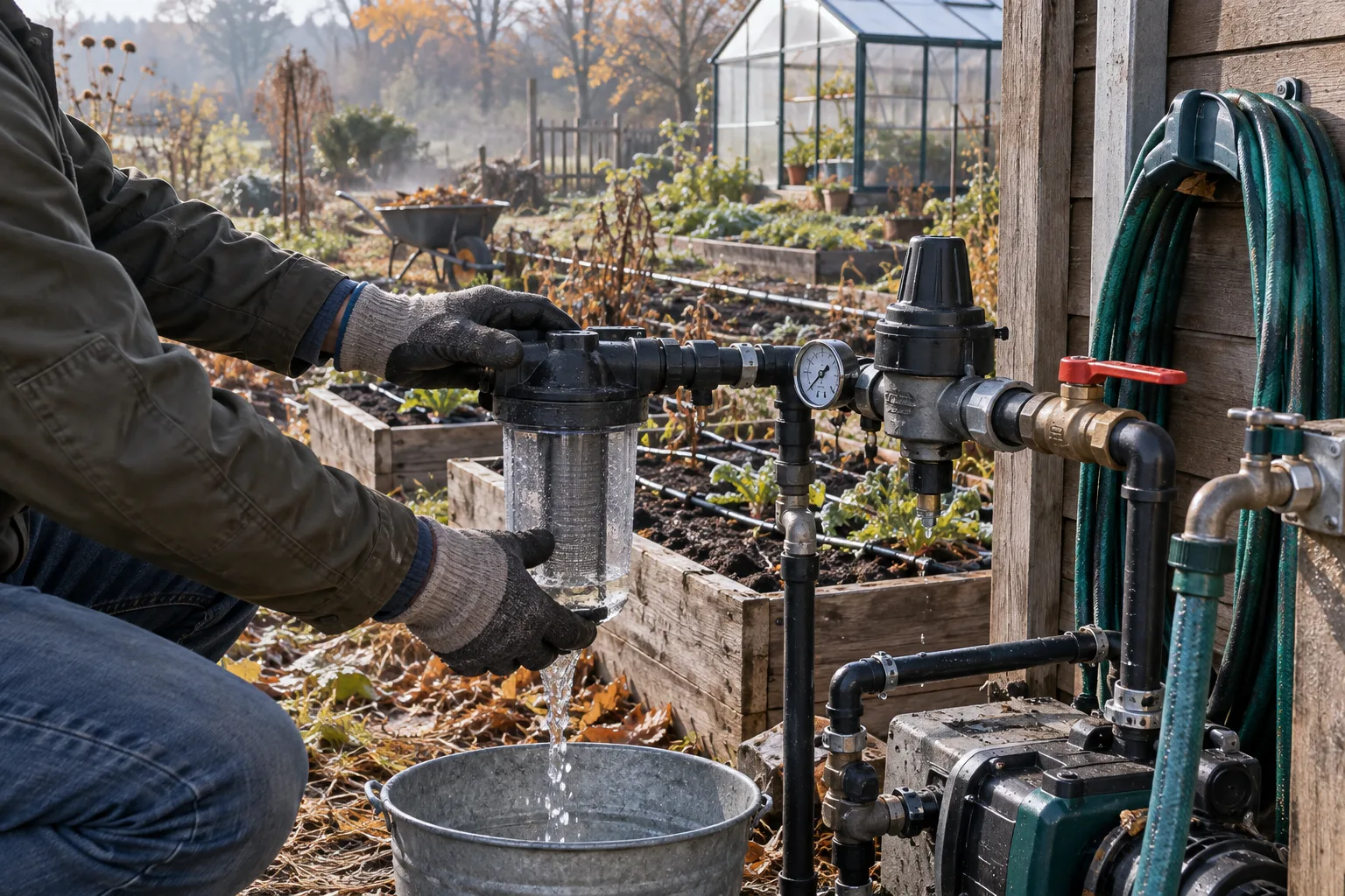 Des mains gantées vidangent un filtre d’irrigation près d’un jardin d’automne avant les gelées hivernales.