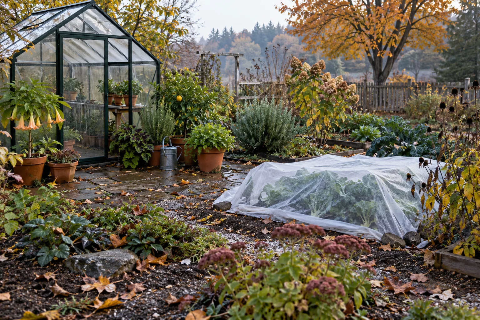 A realistic October garden with a small greenhouse, tender potted plants ready for shelter, and frost cloth protecting cool-season greens.