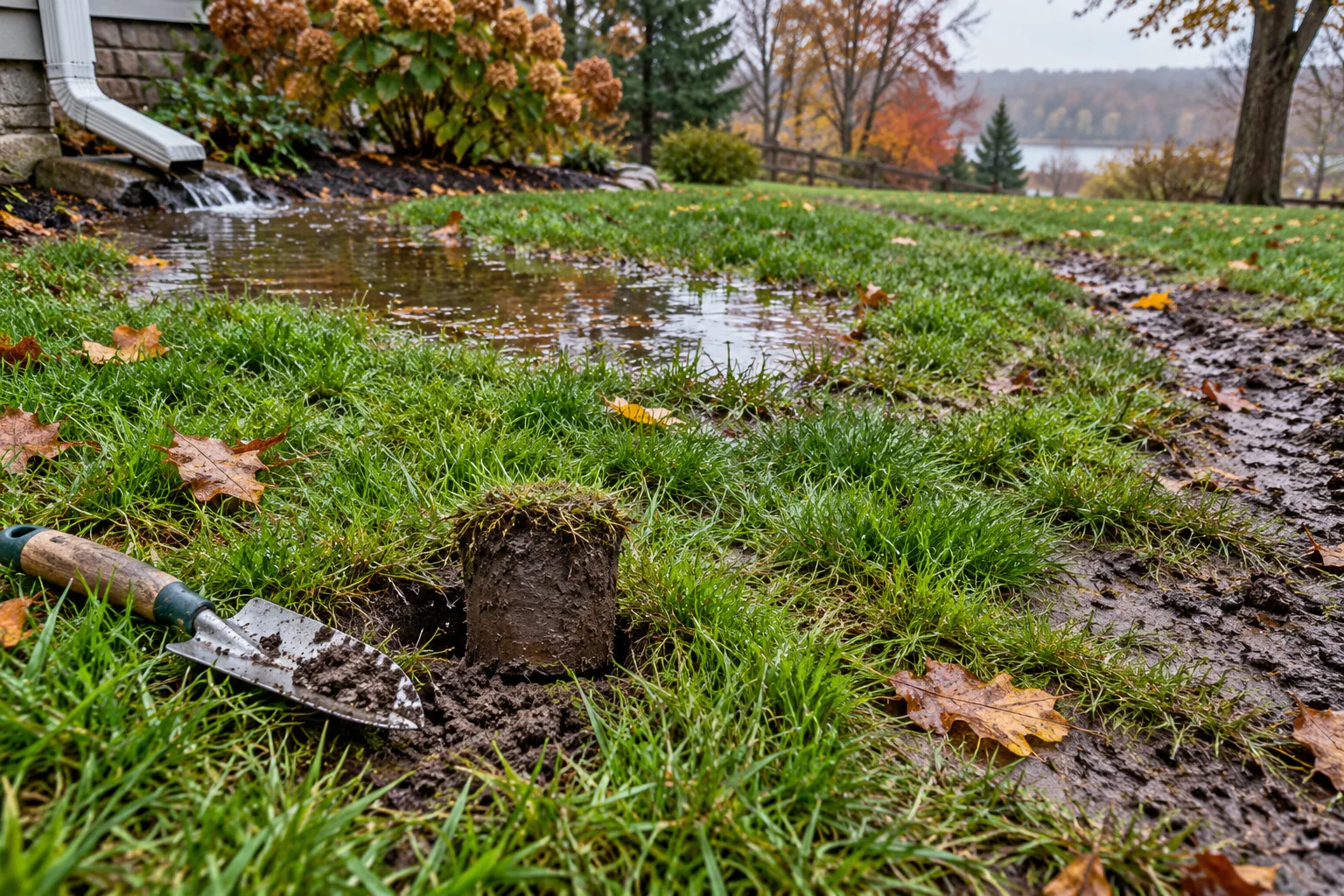 Pelouse automnale détrempée avec une flaque peu profonde, un passage boueux, une petite truelle et une motte de terre pour vérifier le compactage.