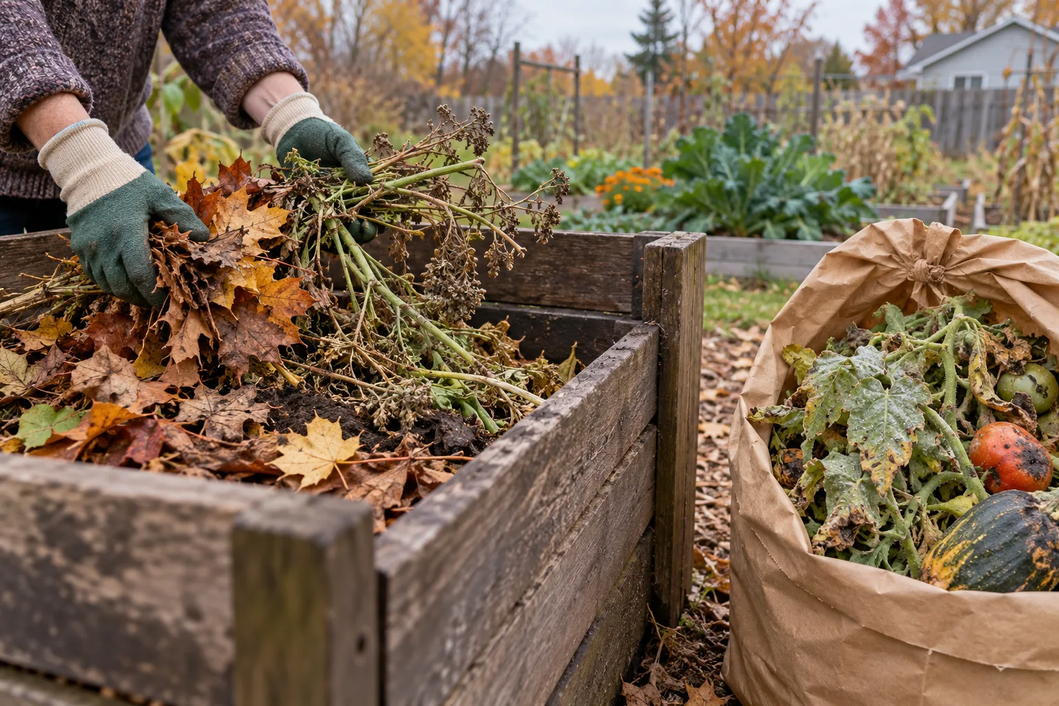 Gloved hands sort clean autumn leaves and healthy stems into a compost bin while diseased foliage and rotten vegetables stay contained separately.