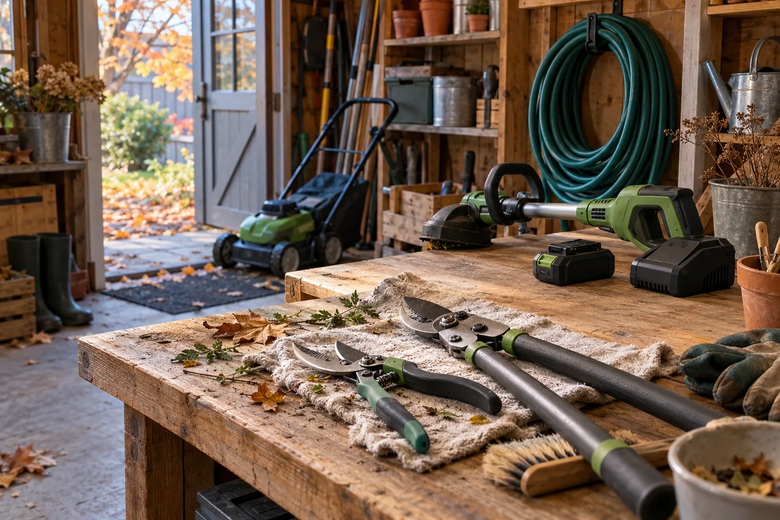 Outils de jardin, tuyau vidangé, batterie sans fil et tondeuse rangés pour un stockage hivernal sûr
