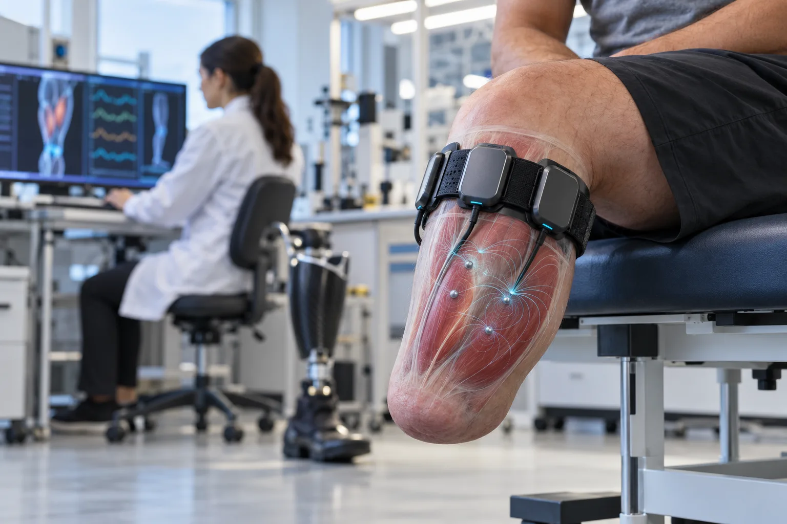 A wearable magnetic sensor array tracks tiny implanted beads in a residual leg muscle during prosthetic research.