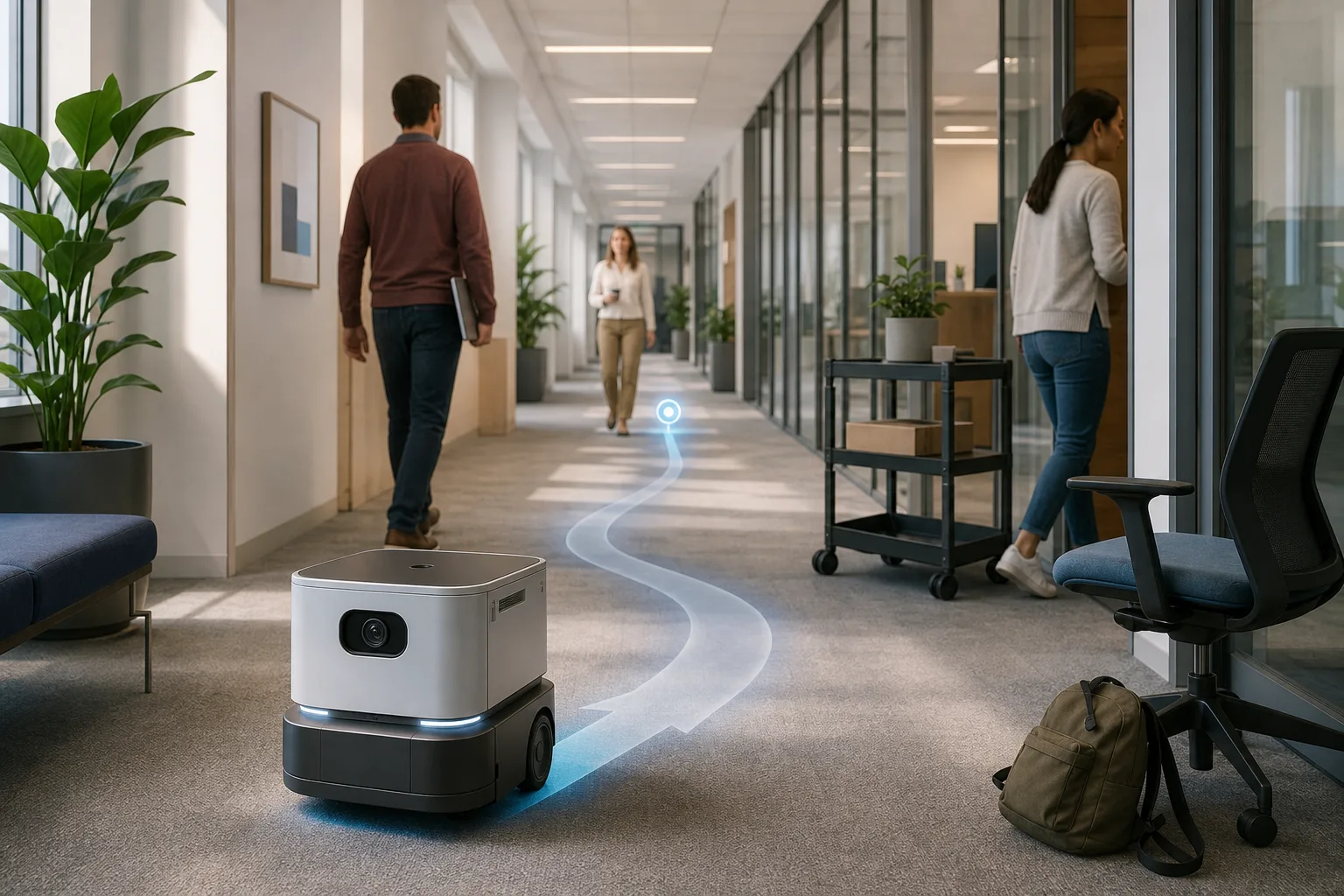 Small service robot navigating an office corridor with one camera