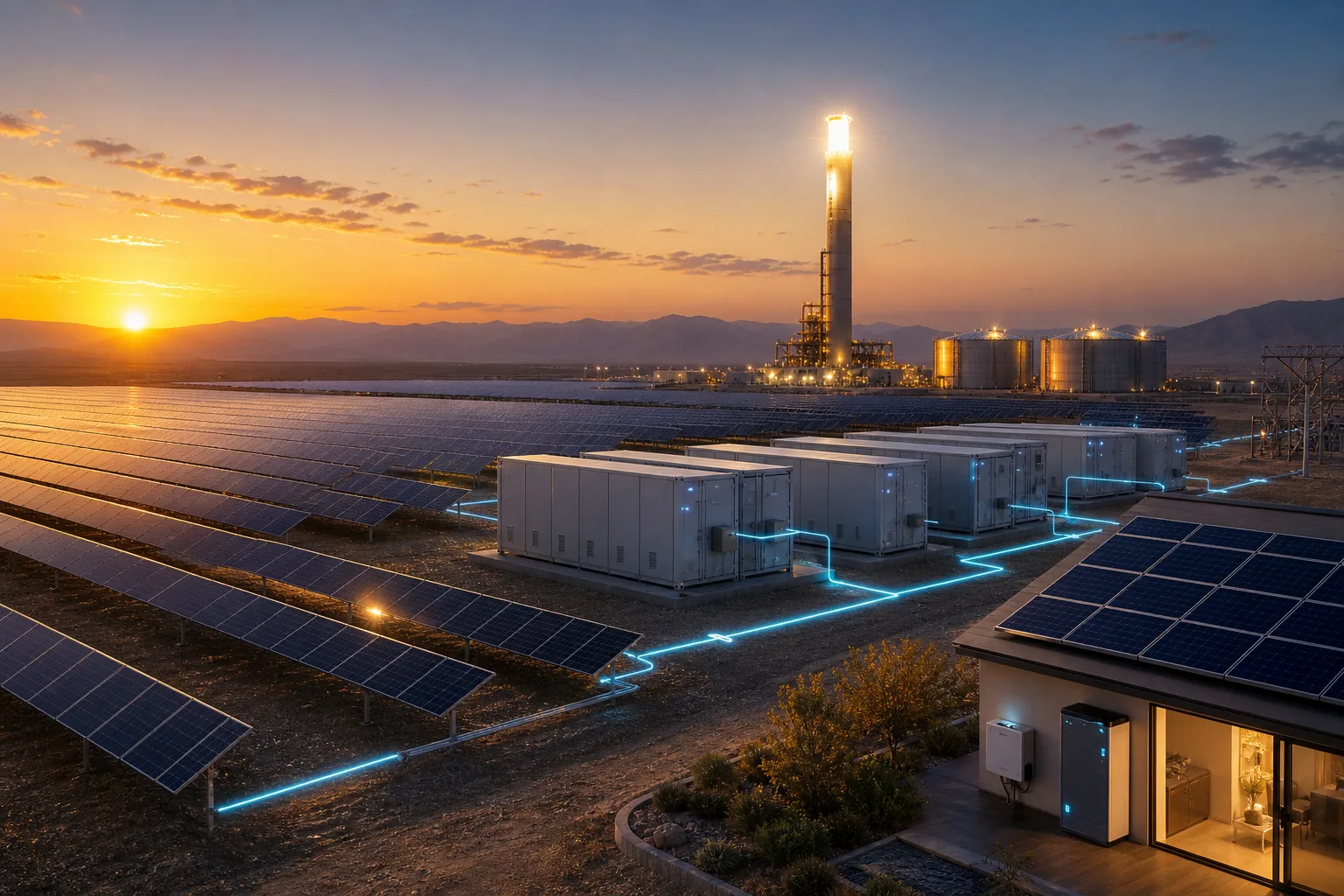 Solar farm at sunset connected to grid batteries and thermal storage