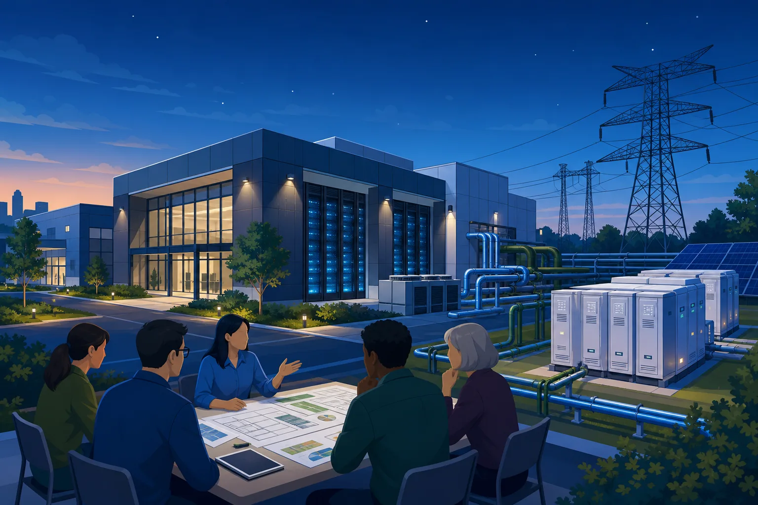 Centro de datos sin marca con red eléctrica, refrigeración y planificación comunitaria