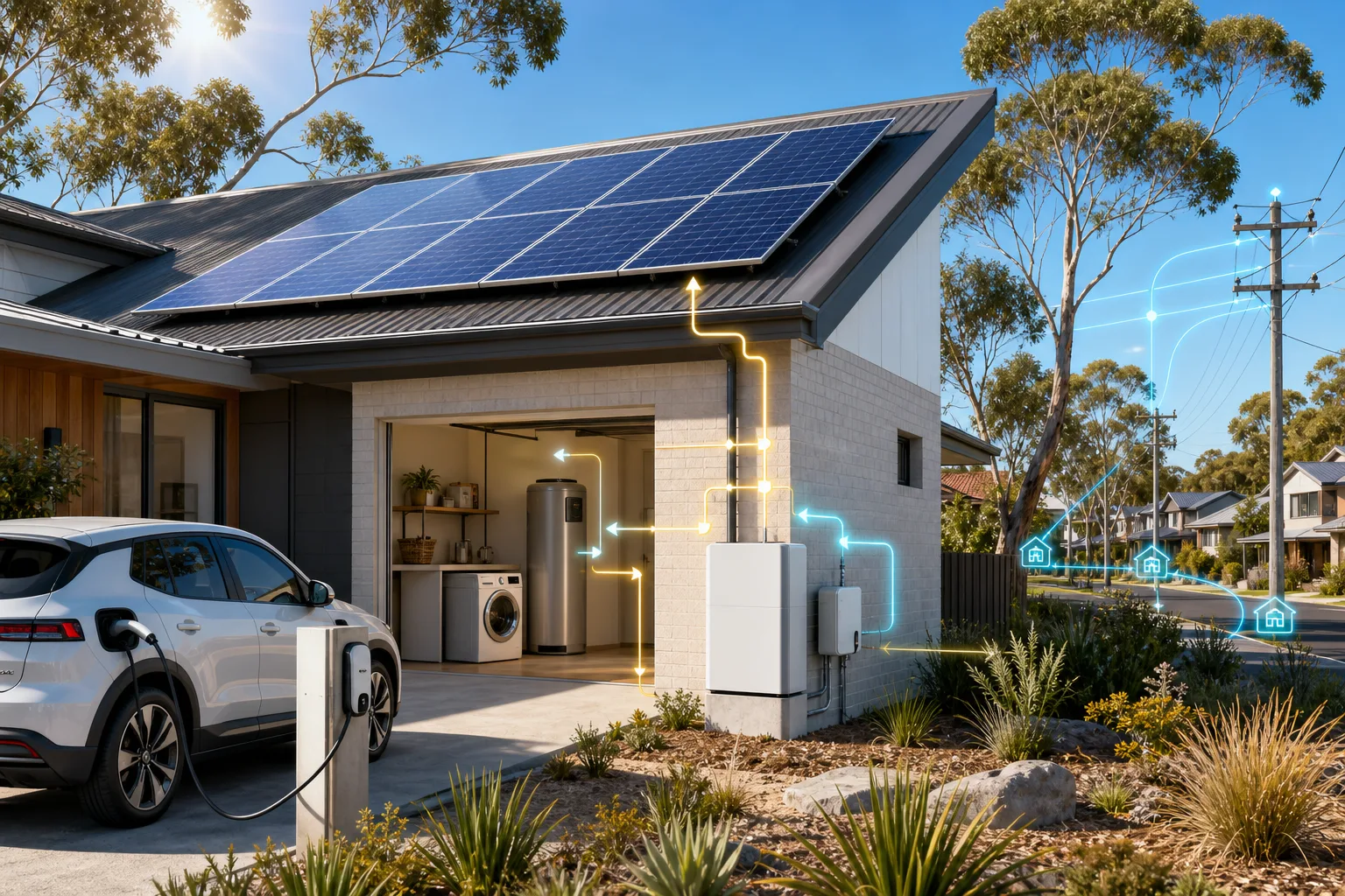 Australijski dom korzystający z południowej nadwyżki energii słonecznej dla urządzeń, baterii i ładowania EV
