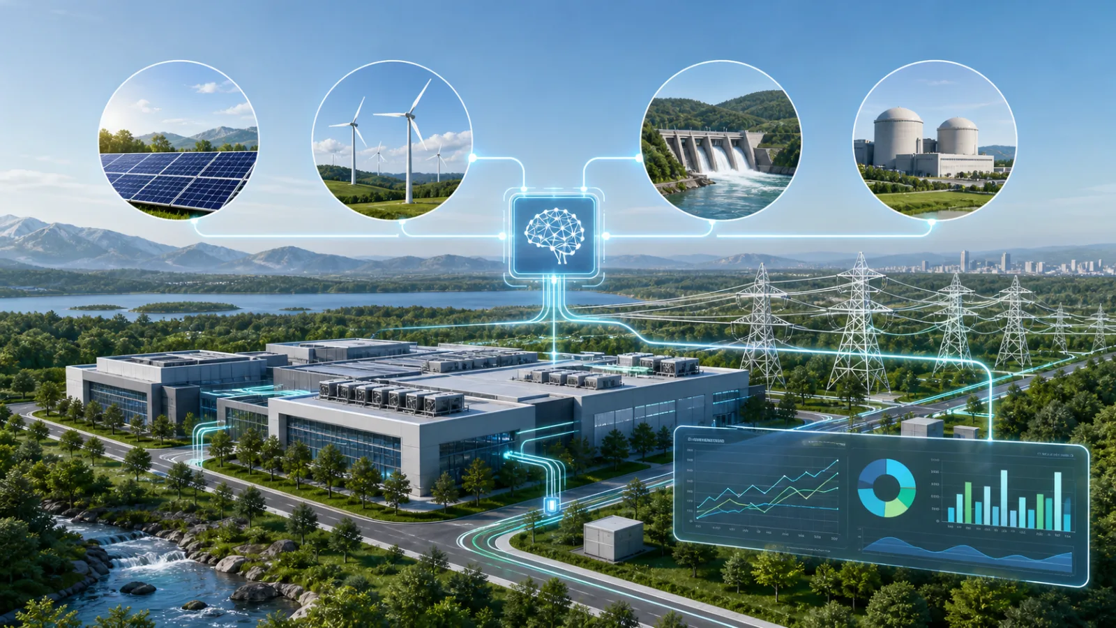 Modernes Rechenzentrum, verbunden mit Stromnetz und sauberer Energie samt Messdashboard