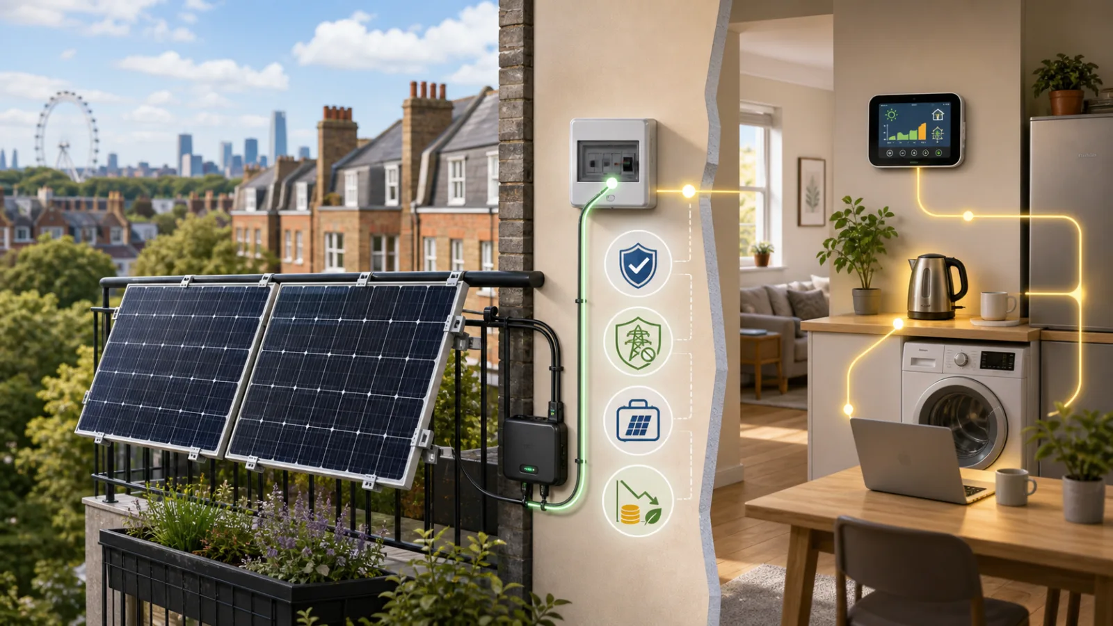 Certified plug-in balcony solar panels feeding daytime home use safely