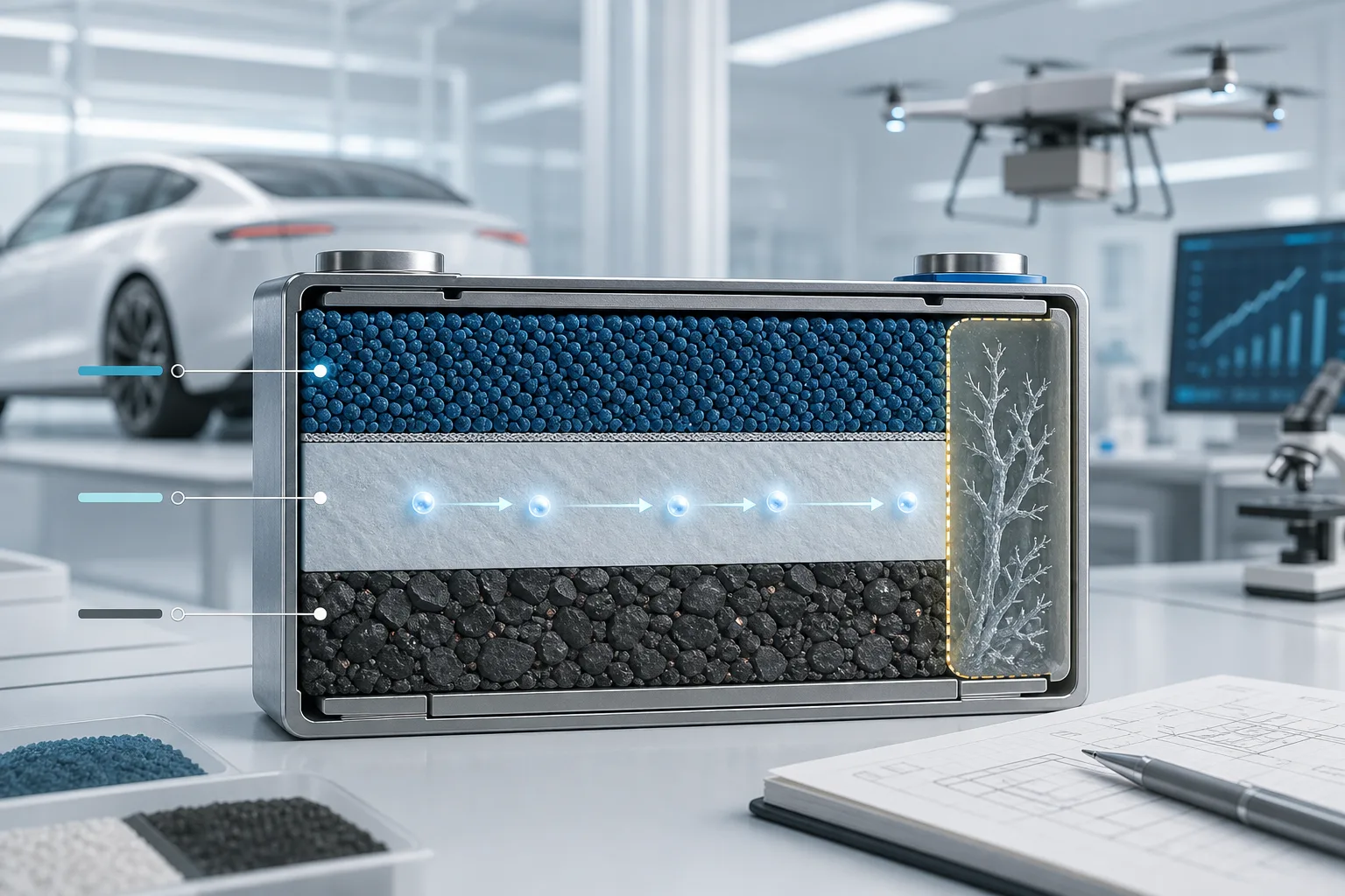 Corte de solid-state battery con solid electrolyte y flujo de lithium ions