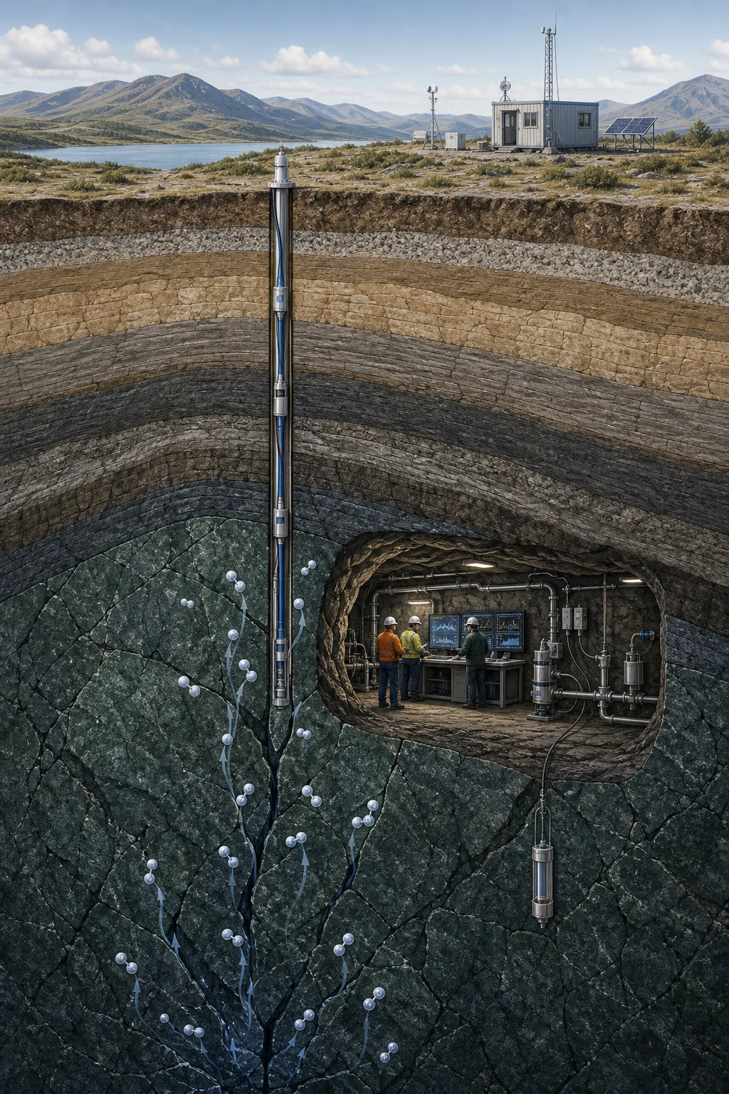 Corte del subsuelo con hidrógeno geológico, un pozo con sensores y técnicos vigilando datos