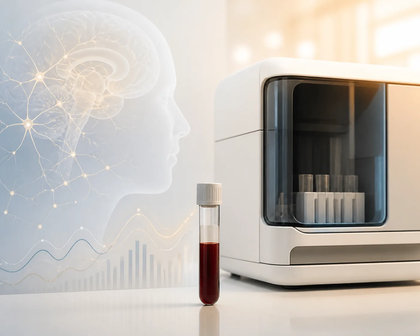 Blutprobe und Laboranalysegerät mit abstraktem Gehirn-Biomarker-Muster