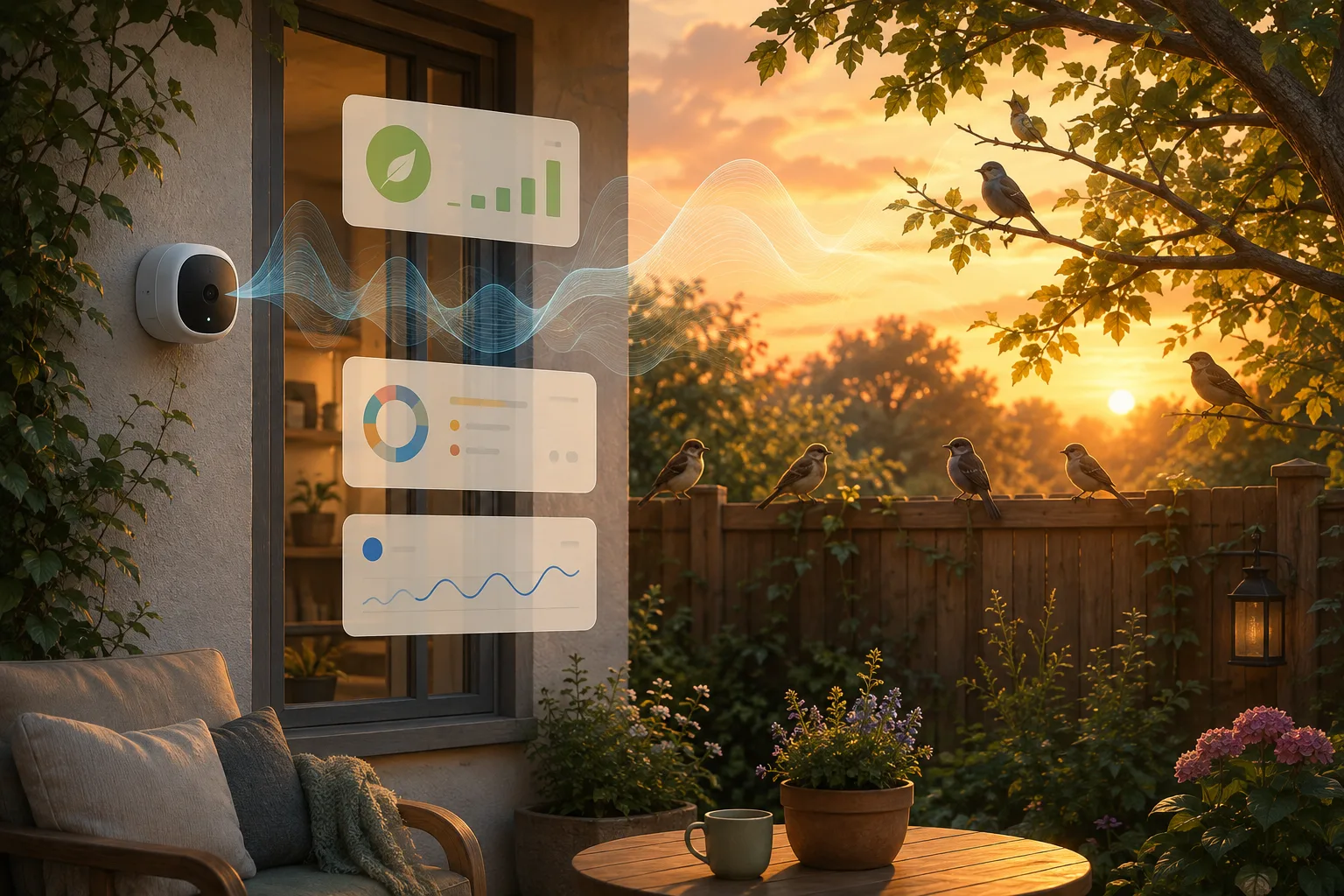 Une caméra de jardin écoute des oiseaux avec des ondes sonores et un tableau local