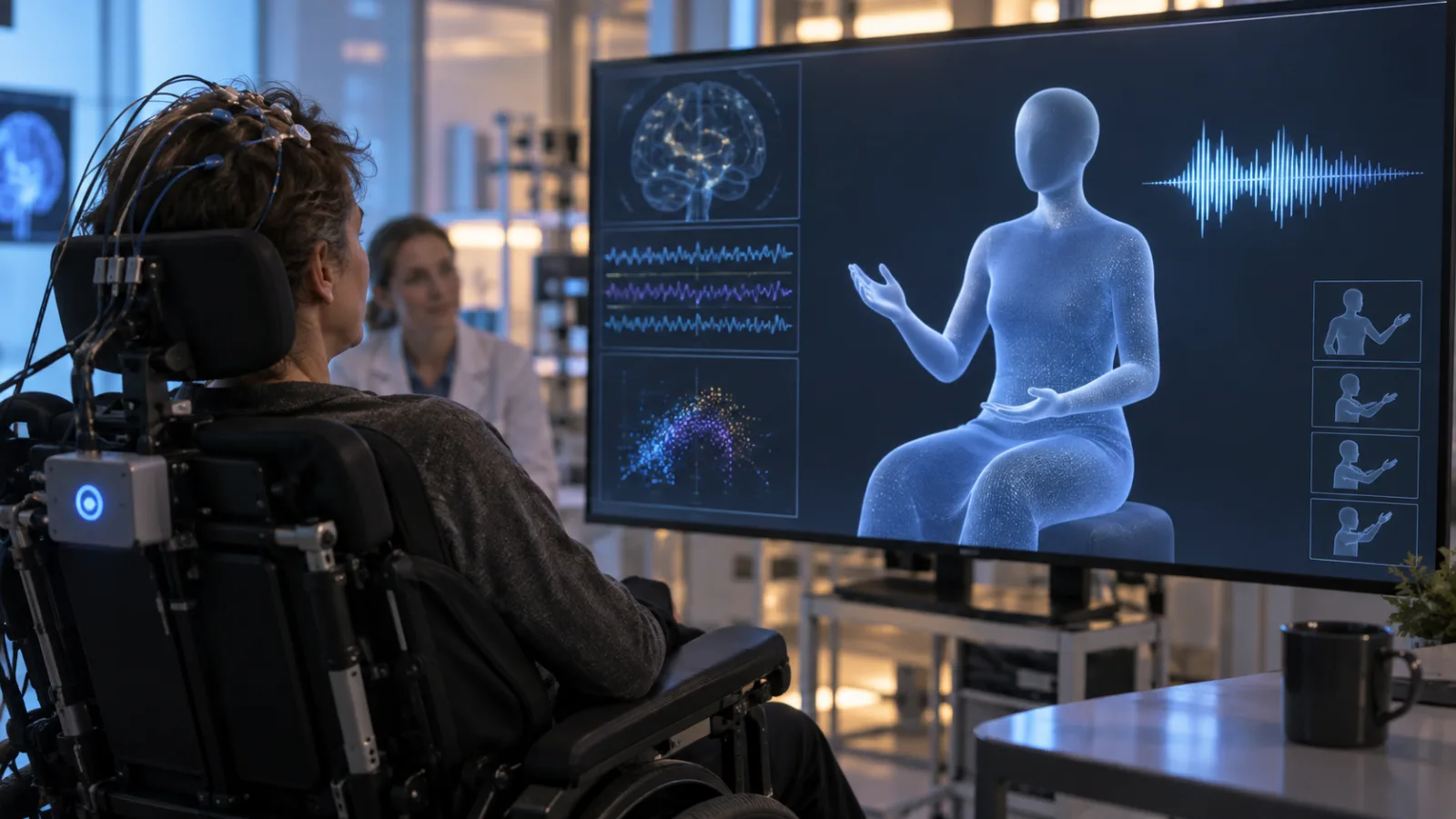 يستخدم شخص مفهوماً لواجهة دماغ-حاسوب للتحكم في صورة رمزية رقمية تجمع بين الكلام وإشارات اليد.