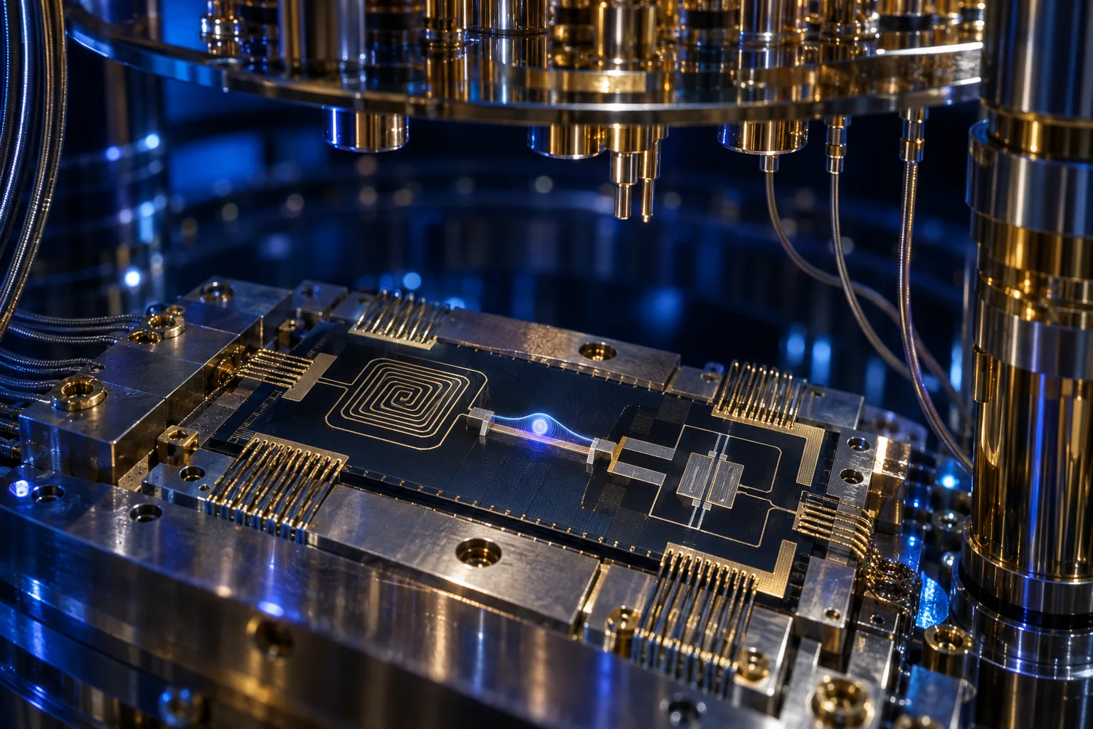 Visualización editorial de un resonador mecánico integrado en un chip y un qubit superconductivo que detectan el salto cuántico de un fonón.