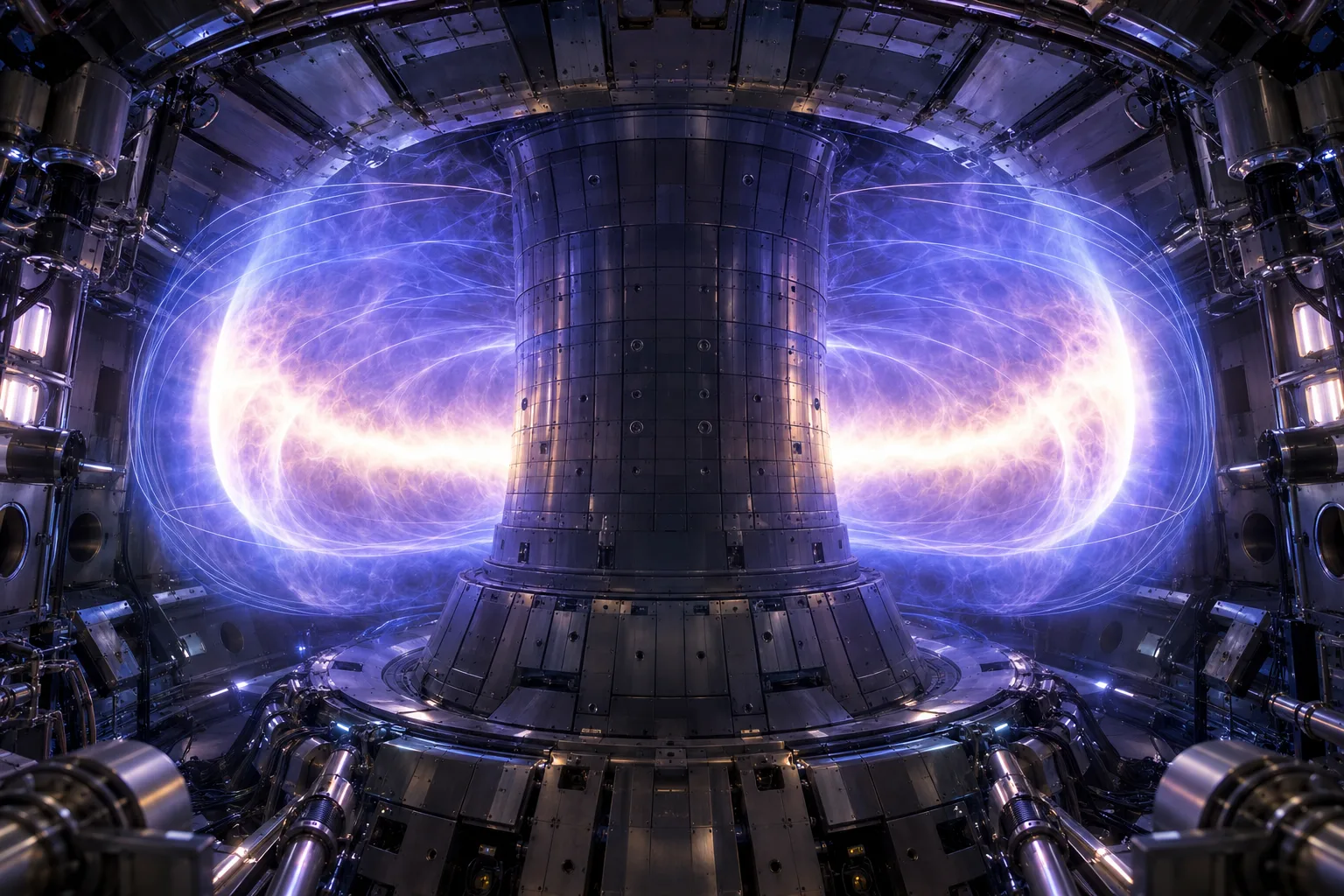 Detaillierte wissenschaftliche Darstellung eines leuchtenden Tokamakplasmas und seiner Magnetfeldstruktur, die einen Weg zur Fusionzündung durch vorheriges Aufheizen veranschaulicht.