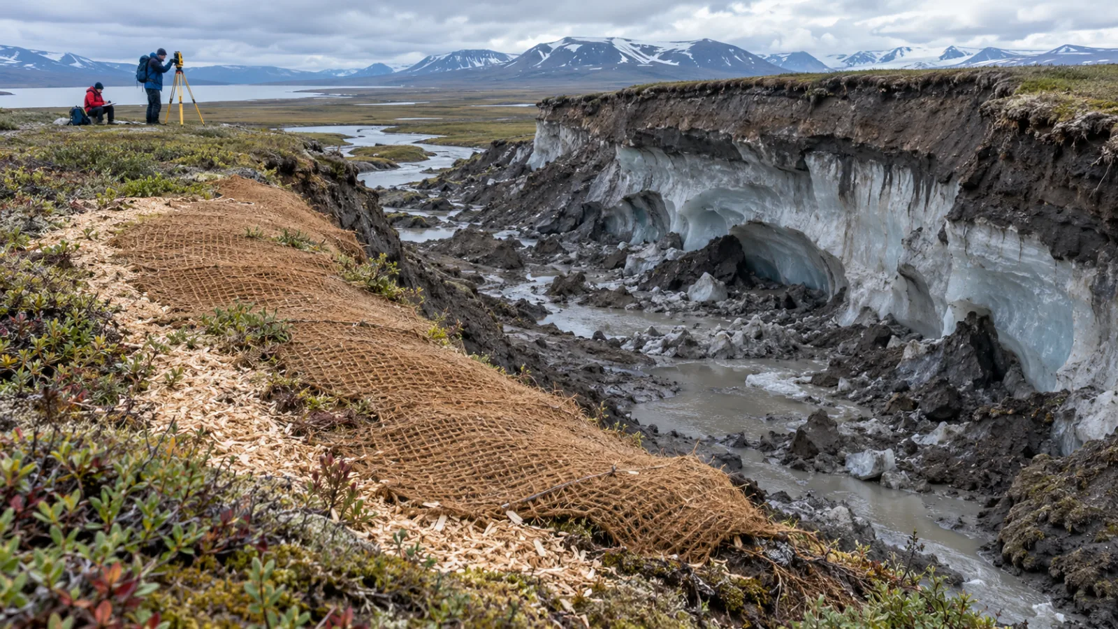 北极研究人员正在观察覆盖在侵蚀性多年冻土塌陷边缘的可生物降解纤维毯。