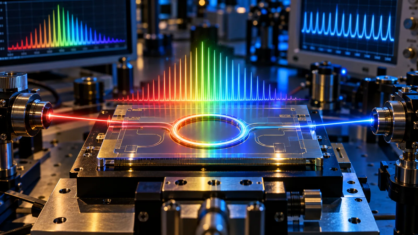 Un chip fotónico emite un peine de frecuencias ópticas que abarca una octava junto a óptica de laboratorio de precisión.