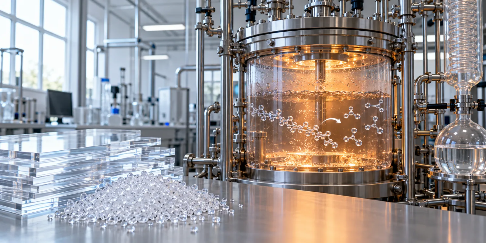 Transparente Acrylglasplatten und -granulate neben einem Reaktor in einem Labor für Materialrecycling