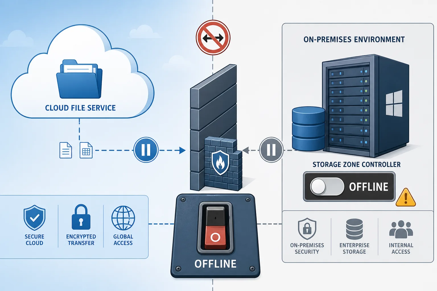 Enterprise file-sharing architecture with an on-prem server isolated after a security warning